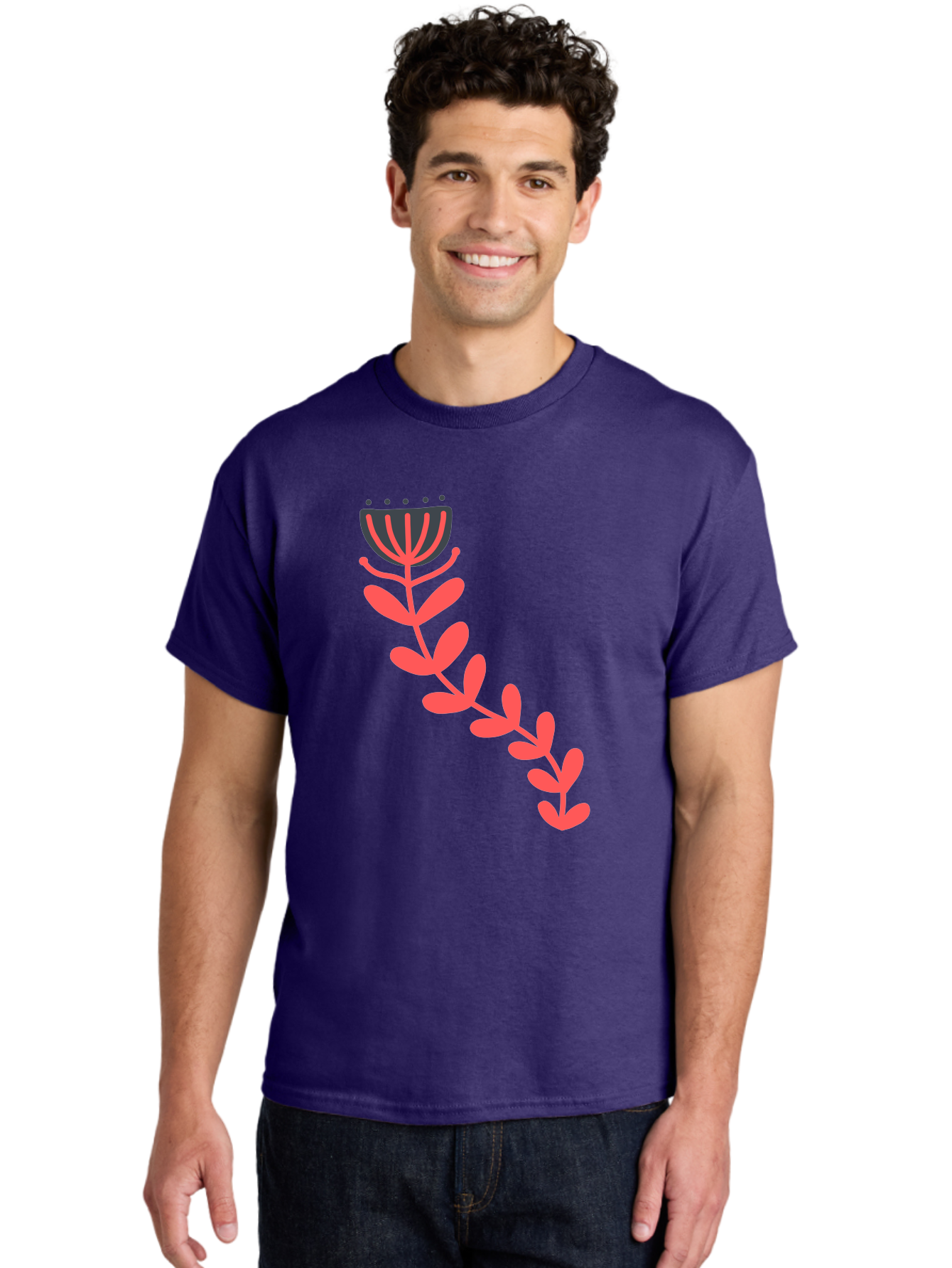 Flower-Illustration Men'S Graphic Tee, 100% Cotton, Comfortable Casual Summer Wear, Machine Washable, Stylized Tulip, Simple Design, Floral Pattern, Minimalist Art, Pink And Black, Leaves And Stem, Graphic Illustration, Modern Art Aab734 14