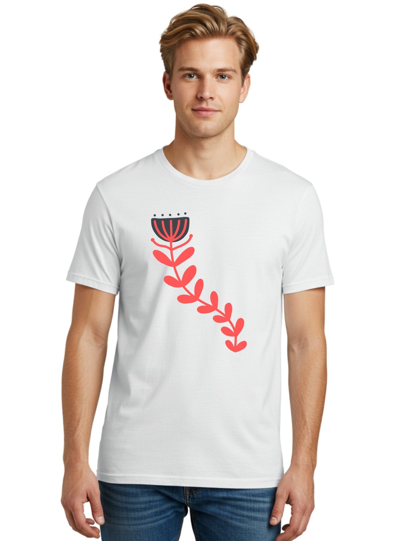 Flower-Illustration Men'S Graphic Tee, 100% Cotton, Comfortable Casual Summer Wear, Machine Washable, Stylized Tulip, Simple Design, Floral Pattern, Minimalist Art, Pink And Black, Leaves And Stem, Graphic Illustration, Modern Art Aab734 20