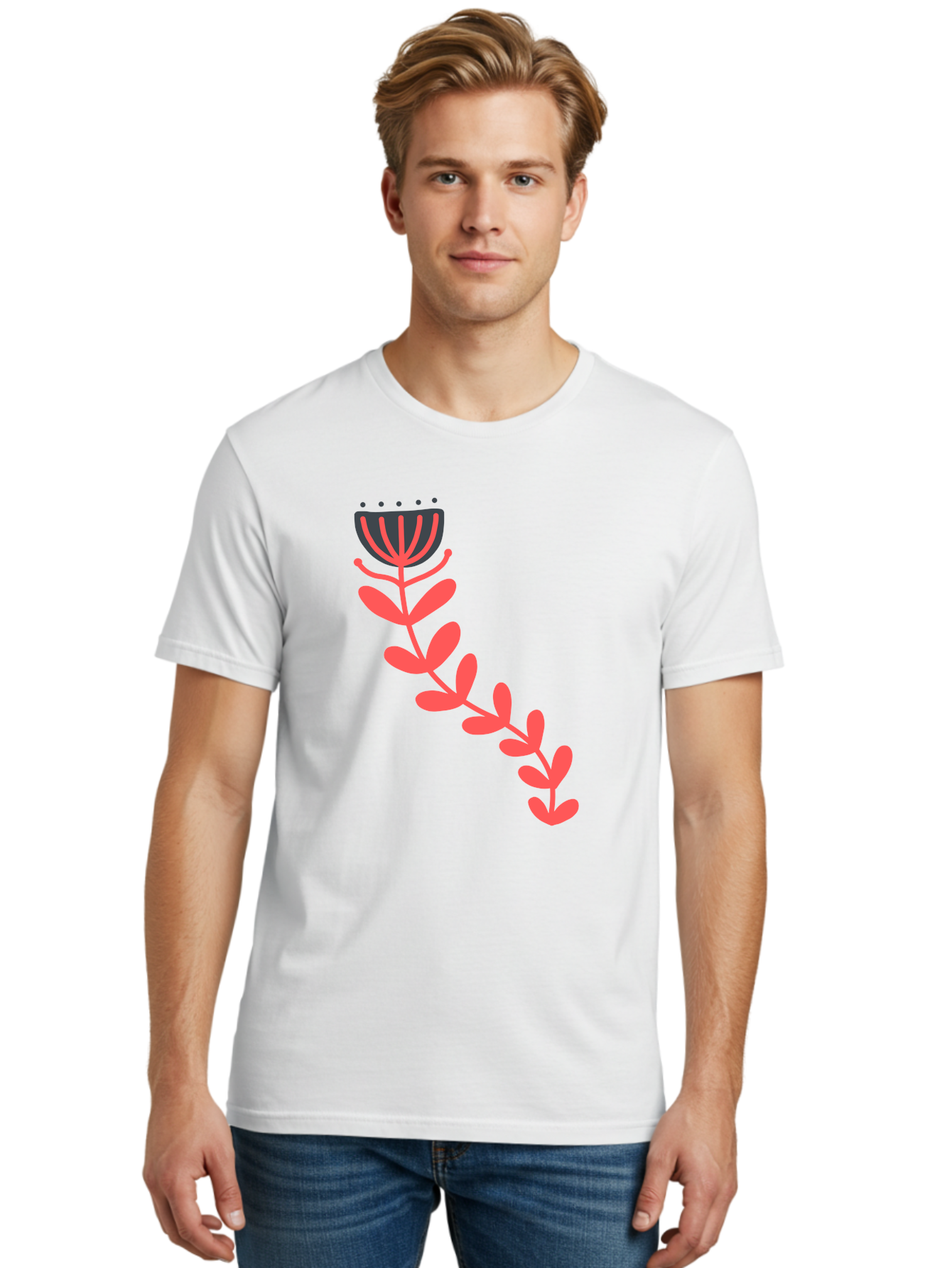 Flower-Illustration Men'S Graphic Tee, 100% Cotton, Comfortable Casual Summer Wear, Machine Washable, Stylized Tulip, Simple Design, Floral Pattern, Minimalist Art, Pink And Black, Leaves And Stem, Graphic Illustration, Modern Art Aab734 30