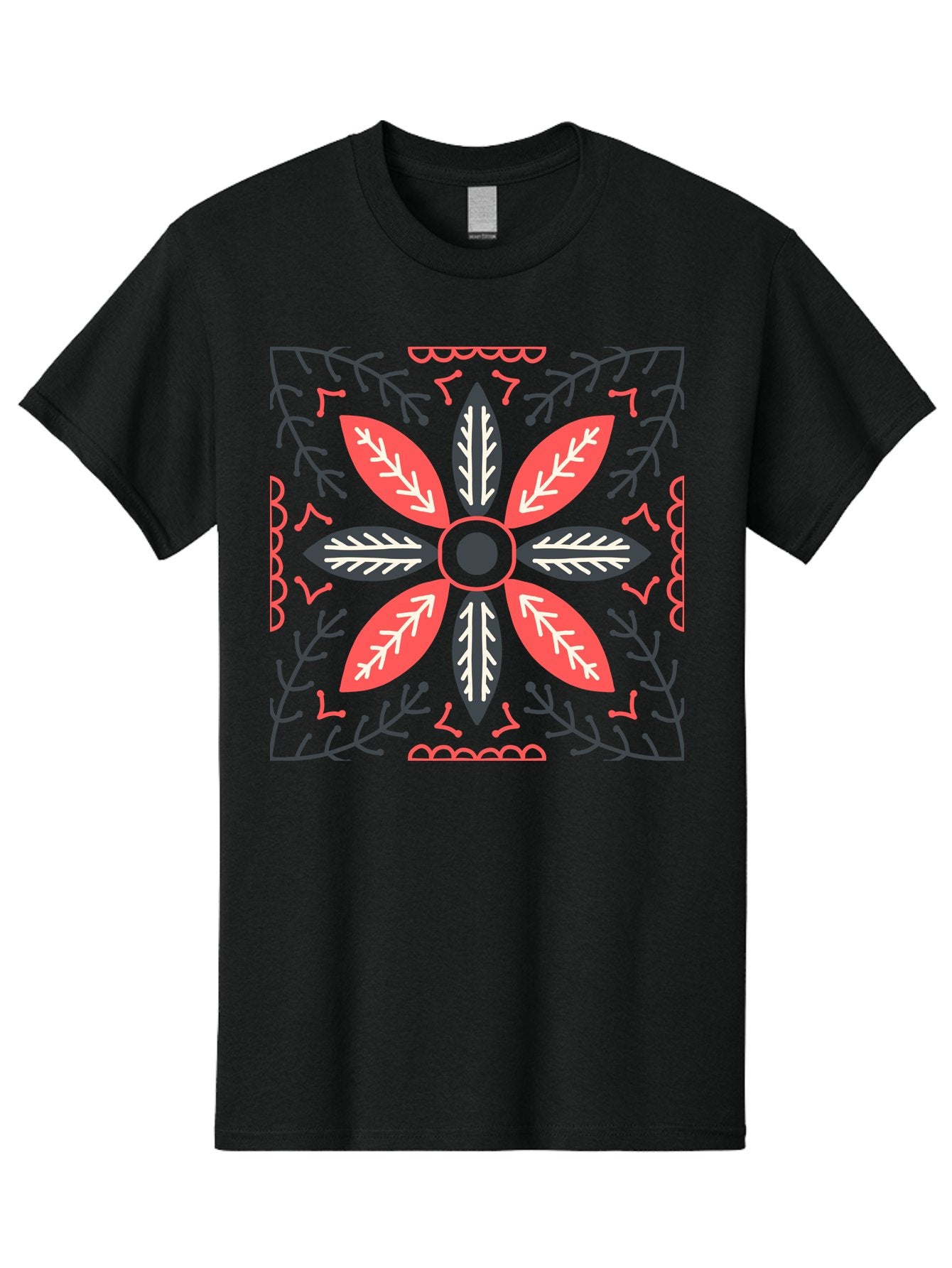 Flower-Mandala Men'S Graphic Tee, 100% Cotton, Comfortable Casual Summer Wear, Machine Washable, Symmetrical Floral Design, Colorful Pattern, Red And Black Petals, White Leaf Details, Floral Motif, Decorative Art, Vibrant Colors, Aab735