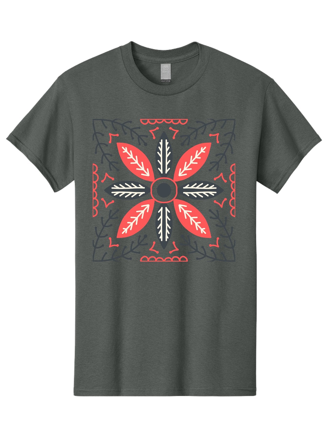 Flower-Mandala Men'S Graphic Tee, 100% Cotton, Comfortable Casual Summer Wear, Machine Washable, Symmetrical Floral Design, Colorful Pattern, Red And Black Petals, White Leaf Details, Floral Motif, Decorative Art, Vibrant Colors, Aab735 10