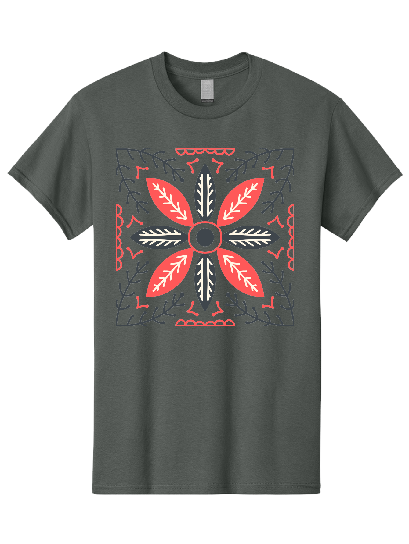 Flower-Mandala Men'S Graphic Tee, 100% Cotton, Comfortable Casual Summer Wear, Machine Washable, Symmetrical Floral Design, Colorful Pattern, Red And Black Petals, White Leaf Details, Floral Motif, Decorative Art, Vibrant Colors, Aab735 27