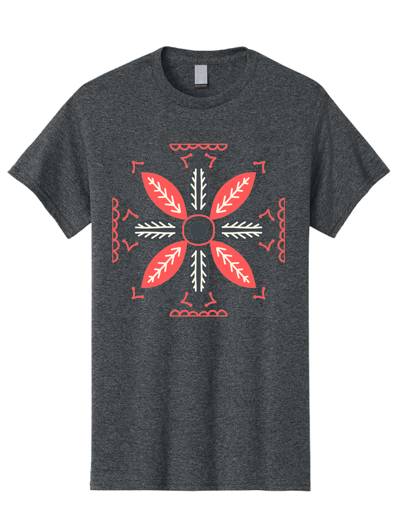 Flower-Mandala Men'S Graphic Tee, 100% Cotton, Comfortable Casual Summer Wear, Machine Washable, Symmetrical Floral Design, Colorful Pattern, Red And Black Petals, White Leaf Details, Floral Motif, Decorative Art, Vibrant Colors, Aab735 13