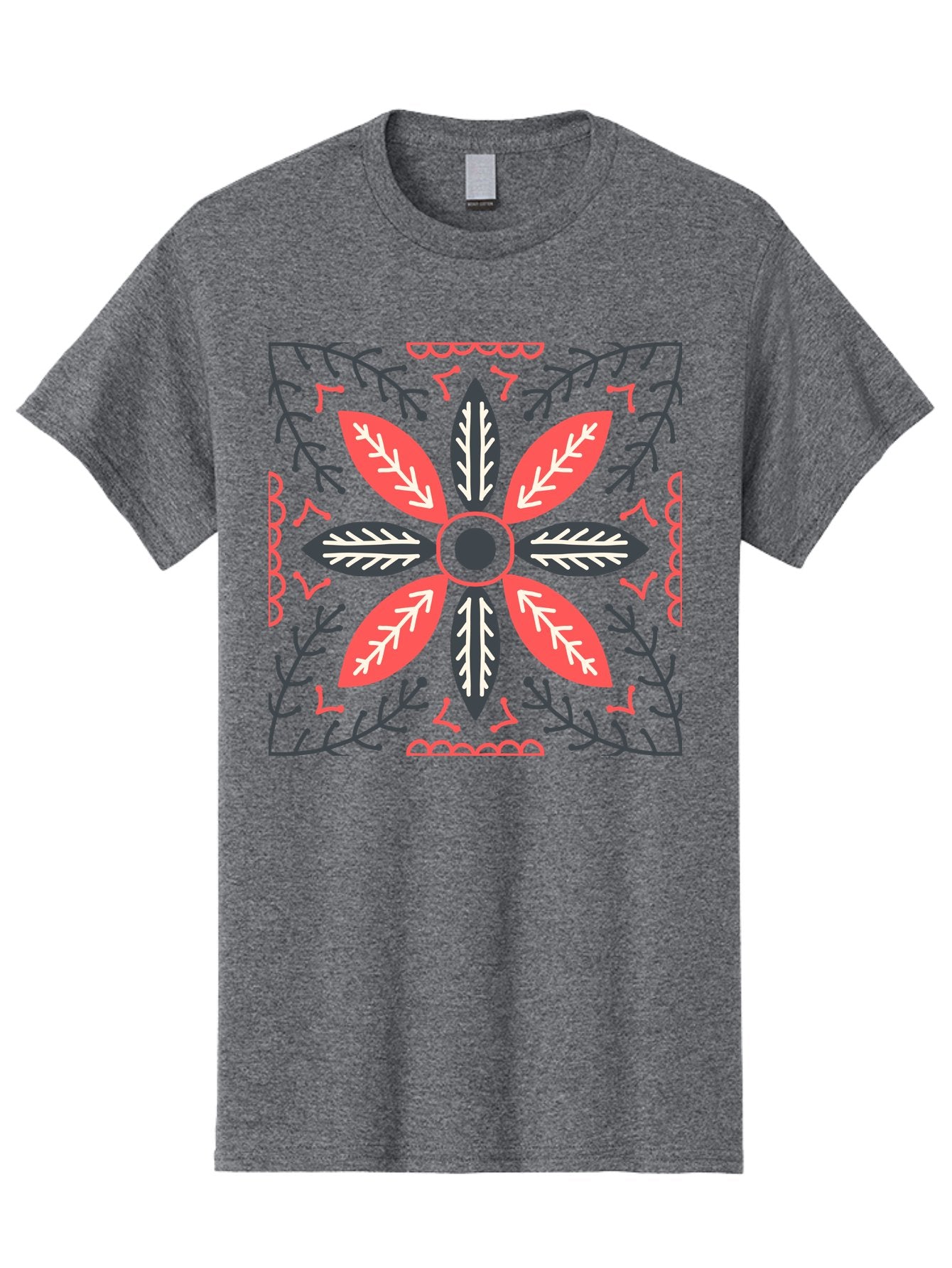 Flower-Mandala Men'S Graphic Tee, 100% Cotton, Comfortable Casual Summer Wear, Machine Washable, Symmetrical Floral Design, Colorful Pattern, Red And Black Petals, White Leaf Details, Floral Motif, Decorative Art, Vibrant Colors, Aab735 15