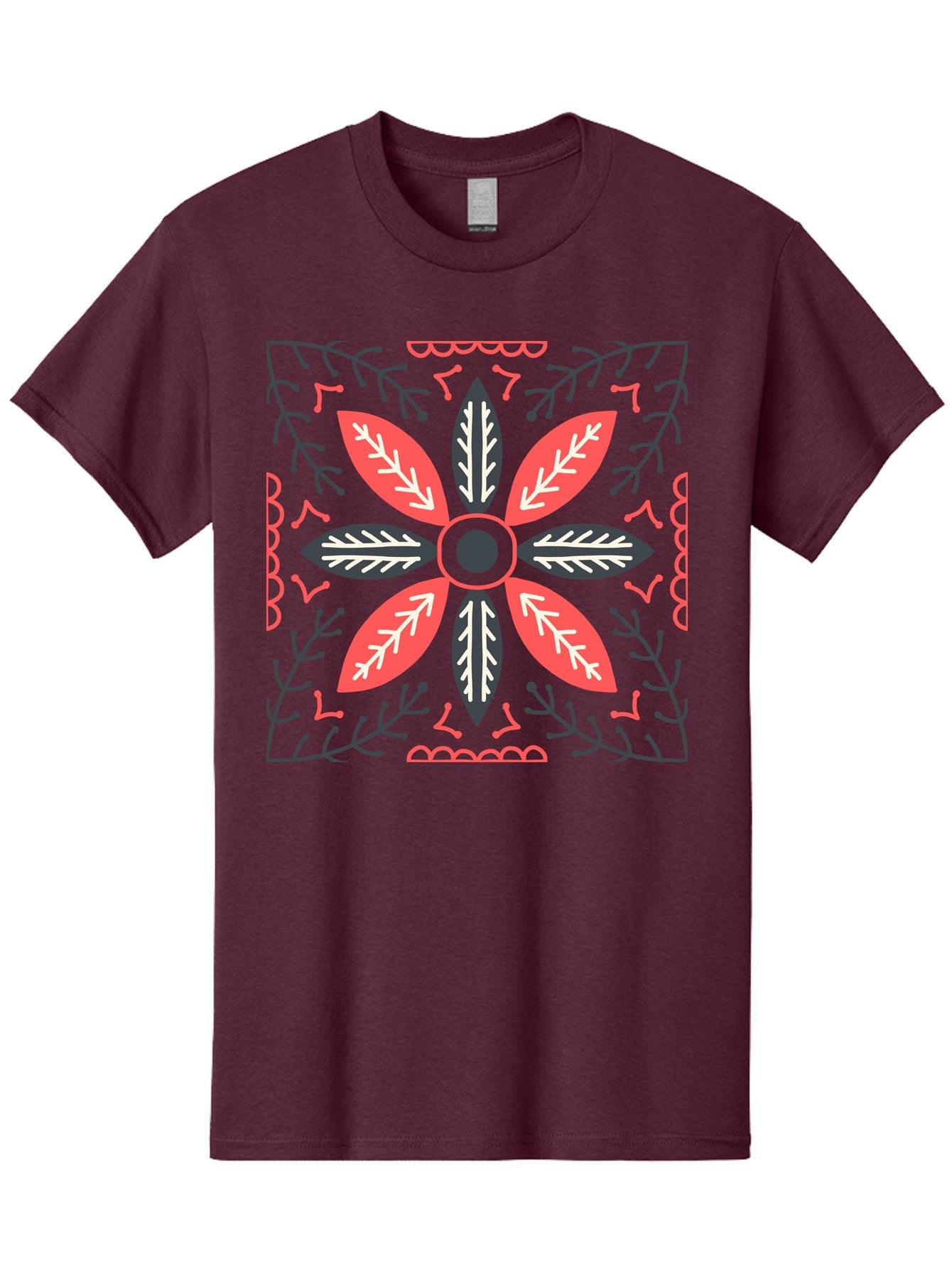 Flower-Mandala Men'S Graphic Tee, 100% Cotton, Comfortable Casual Summer Wear, Machine Washable, Symmetrical Floral Design, Colorful Pattern, Red And Black Petals, White Leaf Details, Floral Motif, Decorative Art, Vibrant Colors, Aab735