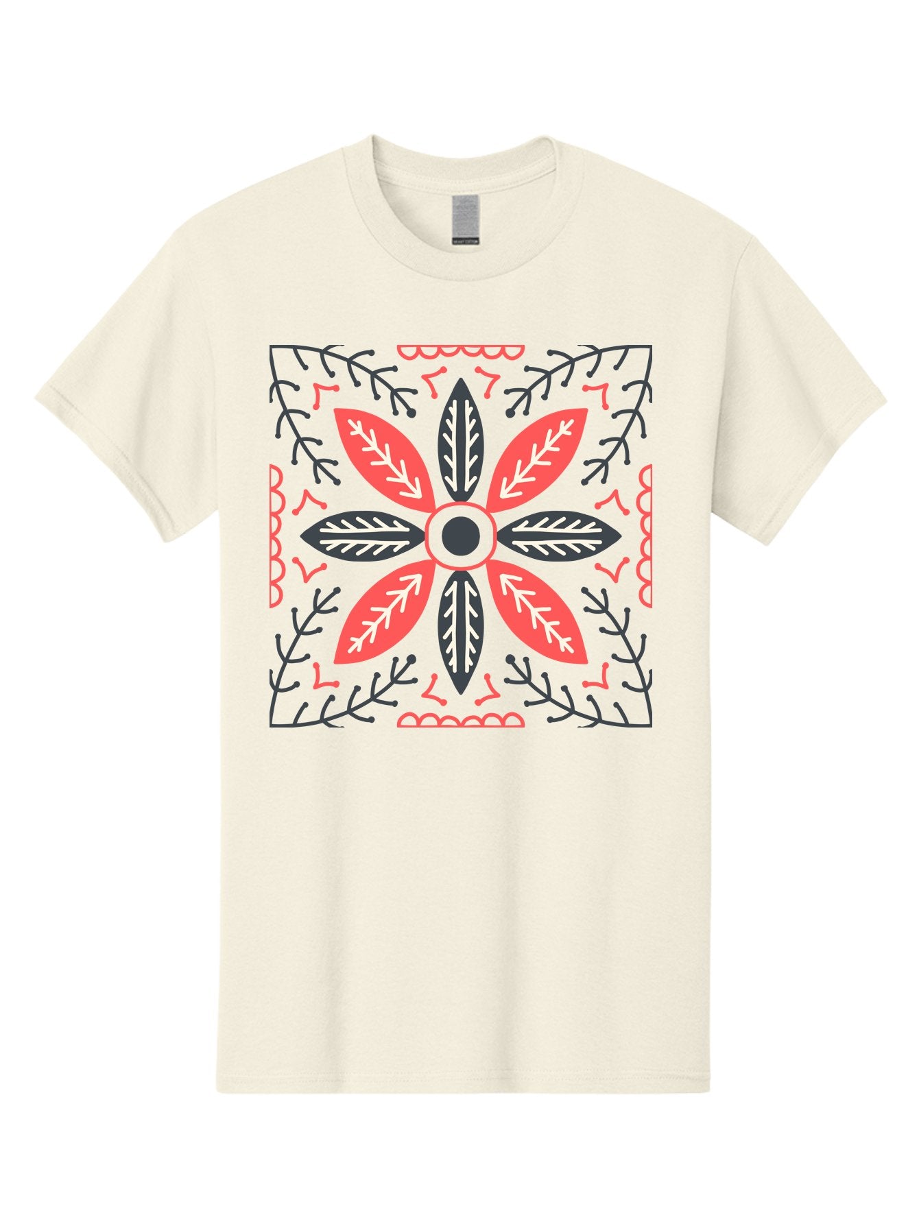 Flower-Mandala Men'S Graphic Tee, 100% Cotton, Comfortable Casual Summer Wear, Machine Washable, Symmetrical Floral Design, Colorful Pattern, Red And Black Petals, White Leaf Details, Floral Motif, Decorative Art, Vibrant Colors, Aab735 3