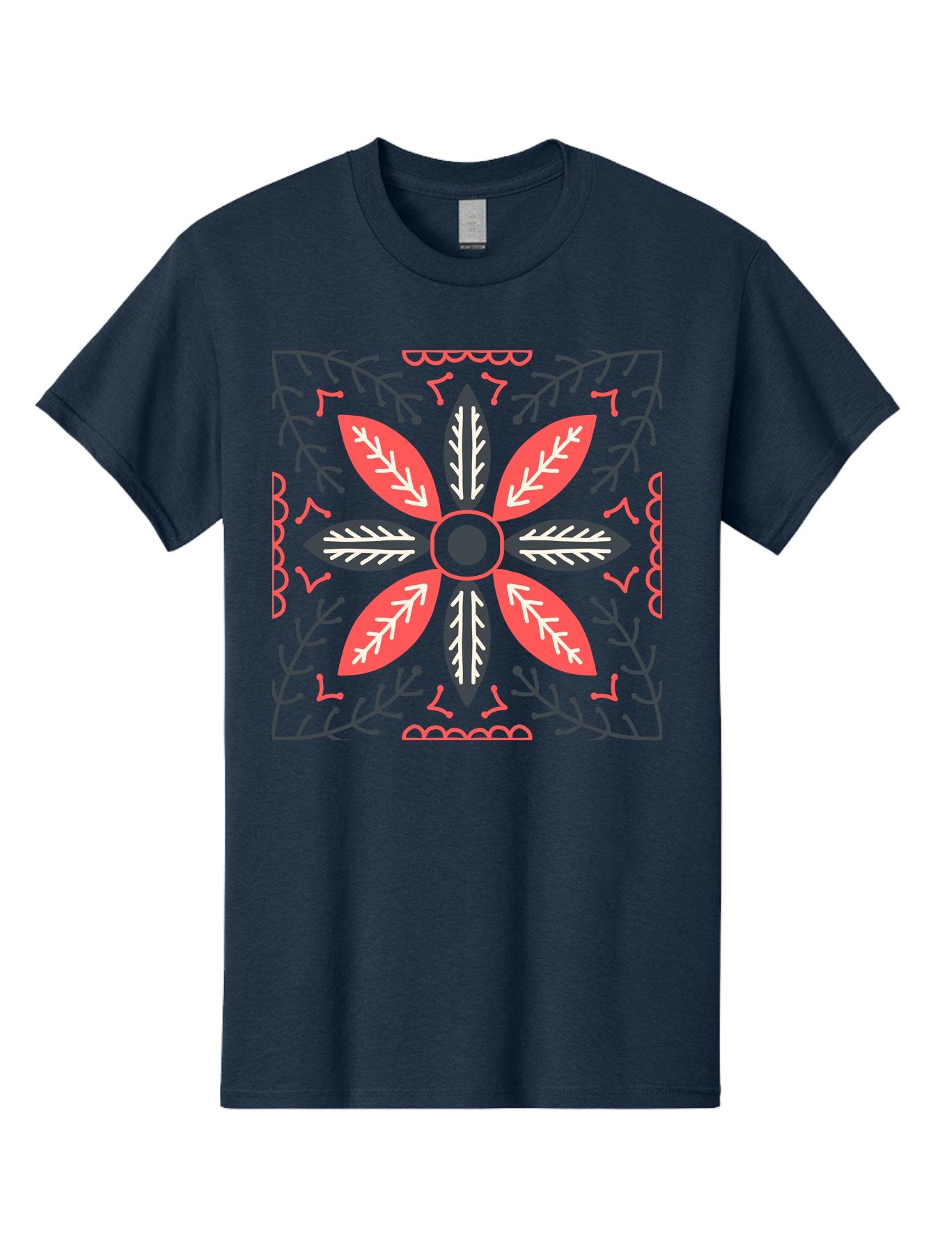 Flower-Mandala Men'S Graphic Tee, 100% Cotton, Comfortable Casual Summer Wear, Machine Washable, Symmetrical Floral Design, Colorful Pattern, Red And Black Petals, White Leaf Details, Floral Motif, Decorative Art, Vibrant Colors, Aab735 12