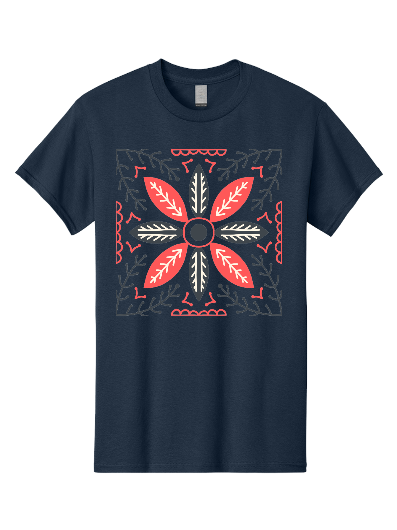 Flower-Mandala Men'S Graphic Tee, 100% Cotton, Comfortable Casual Summer Wear, Machine Washable, Symmetrical Floral Design, Colorful Pattern, Red And Black Petals, White Leaf Details, Floral Motif, Decorative Art, Vibrant Colors, Aab735 5