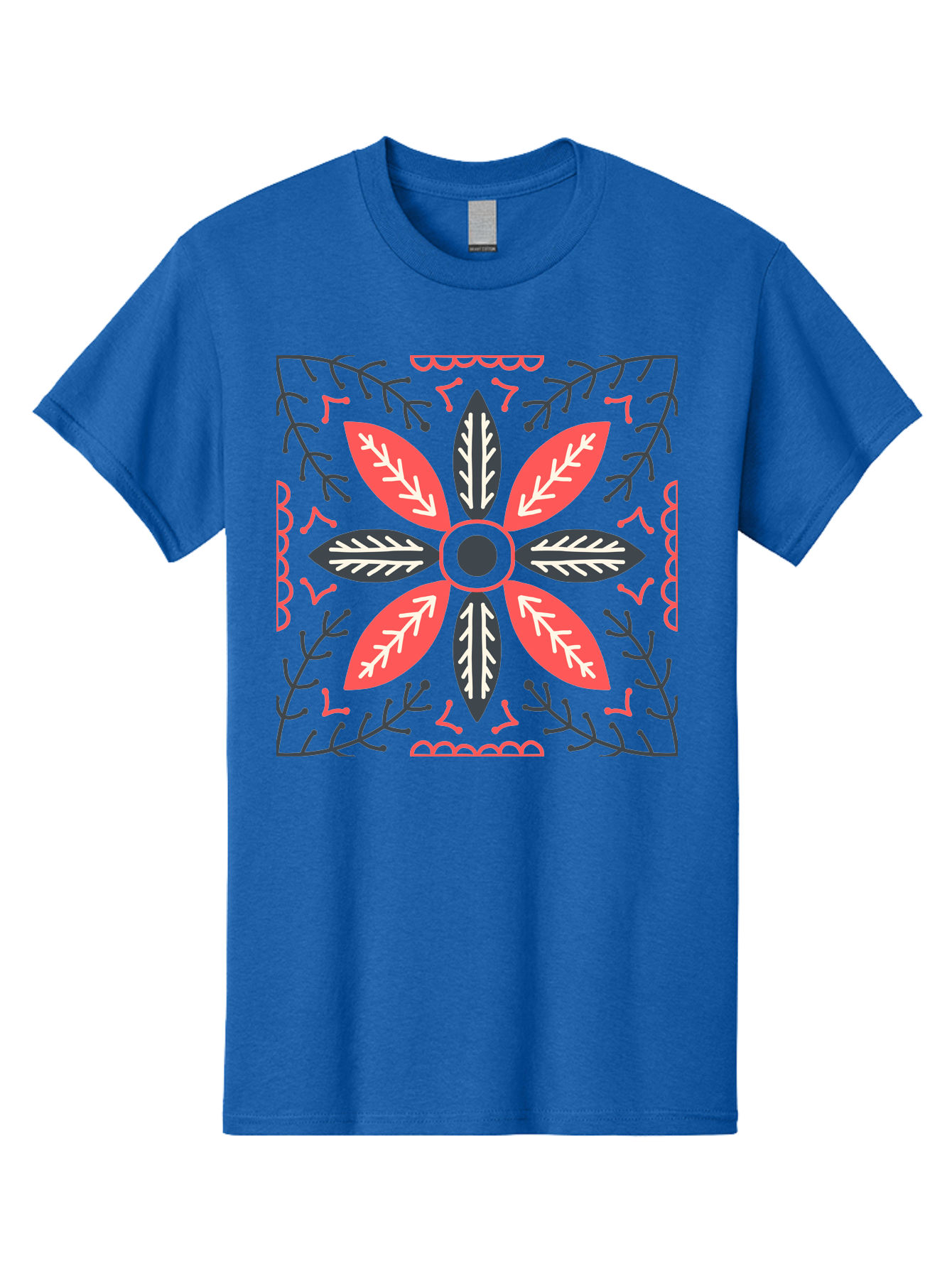 Flower-Mandala Men'S Graphic Tee, 100% Cotton, Comfortable Casual Summer Wear, Machine Washable, Symmetrical Floral Design, Colorful Pattern, Red And Black Petals, White Leaf Details, Floral Motif, Decorative Art, Vibrant Colors, Aab735 23