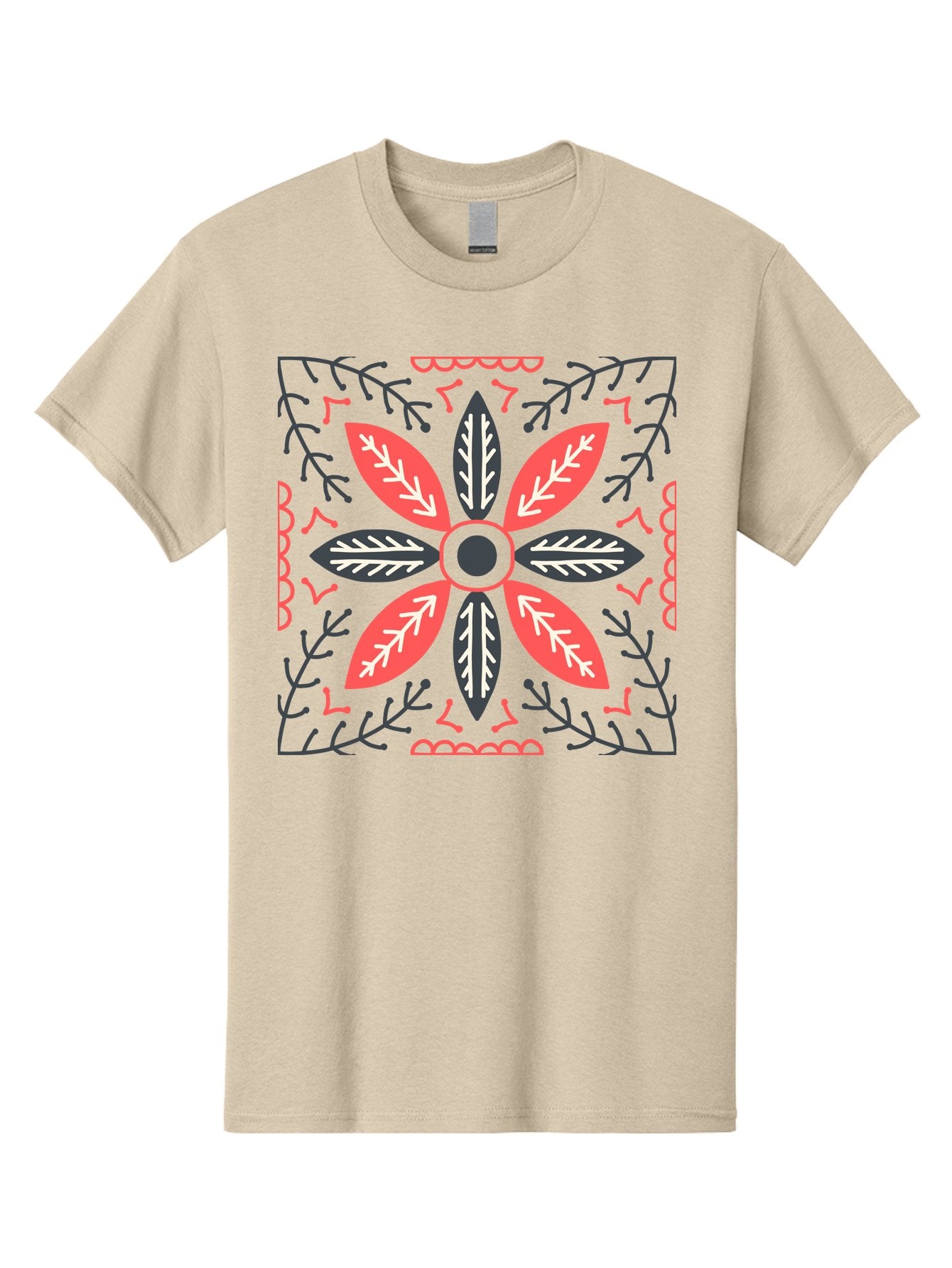 Flower-Mandala Men'S Graphic Tee, 100% Cotton, Comfortable Casual Summer Wear, Machine Washable, Symmetrical Floral Design, Colorful Pattern, Red And Black Petals, White Leaf Details, Floral Motif, Decorative Art, Vibrant Colors, Aab735 8