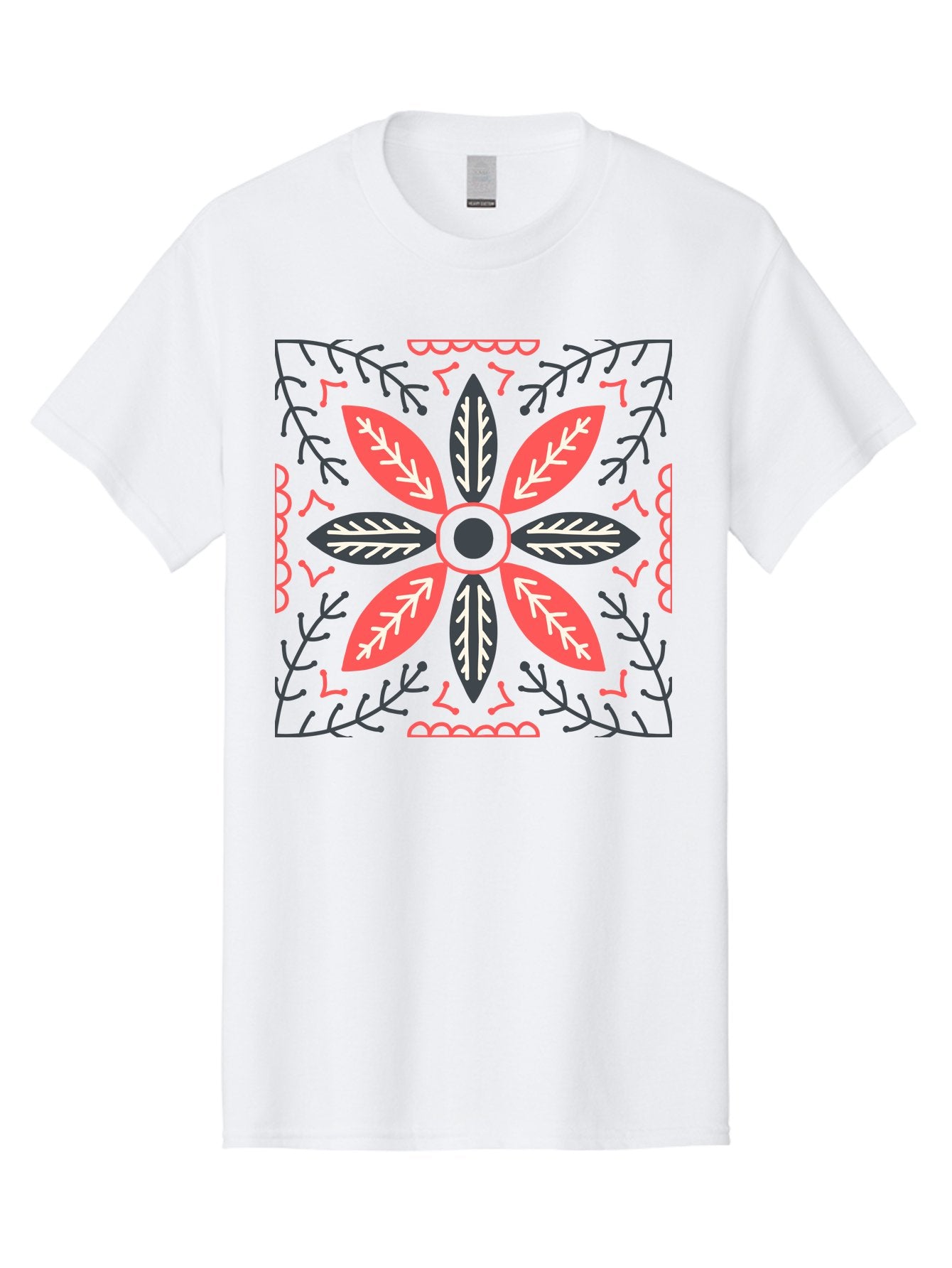 Flower-Mandala Men'S Graphic Tee, 100% Cotton, Comfortable Casual Summer Wear, Machine Washable, Symmetrical Floral Design, Colorful Pattern, Red And Black Petals, White Leaf Details, Floral Motif, Decorative Art, Vibrant Colors, Aab735 9