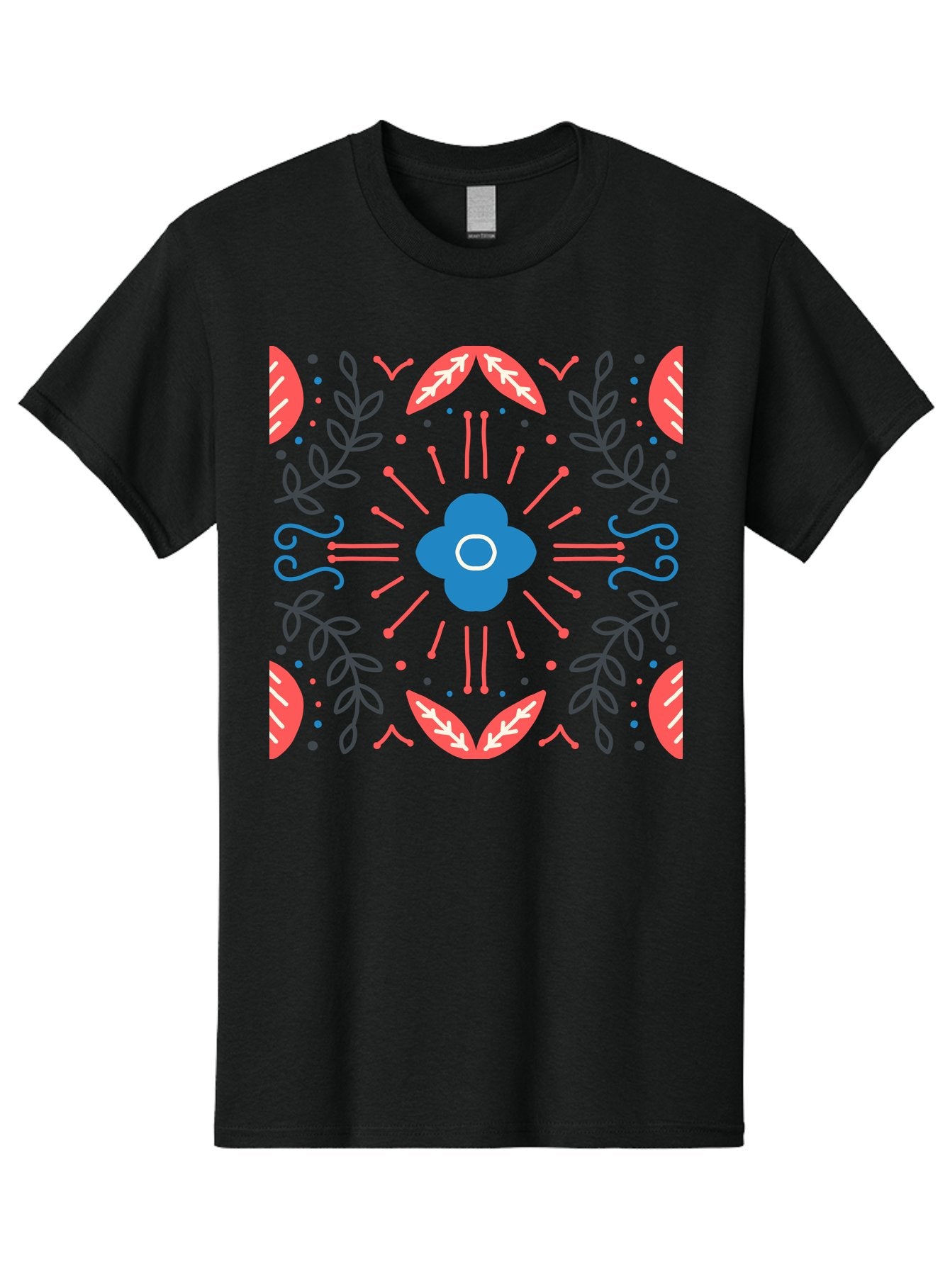 Flower-Pattern-1 Men'S Graphic Tee, 100% Cotton, Comfortable Casual Summer Wear, Machine Washable, Floral Pattern, Symmetrical Design, Vibrant Colors, Blue Flower, Red Leaves, Green Stems, Abstract Art, Geometric Shapes, Decorative Elements, Aab736 5