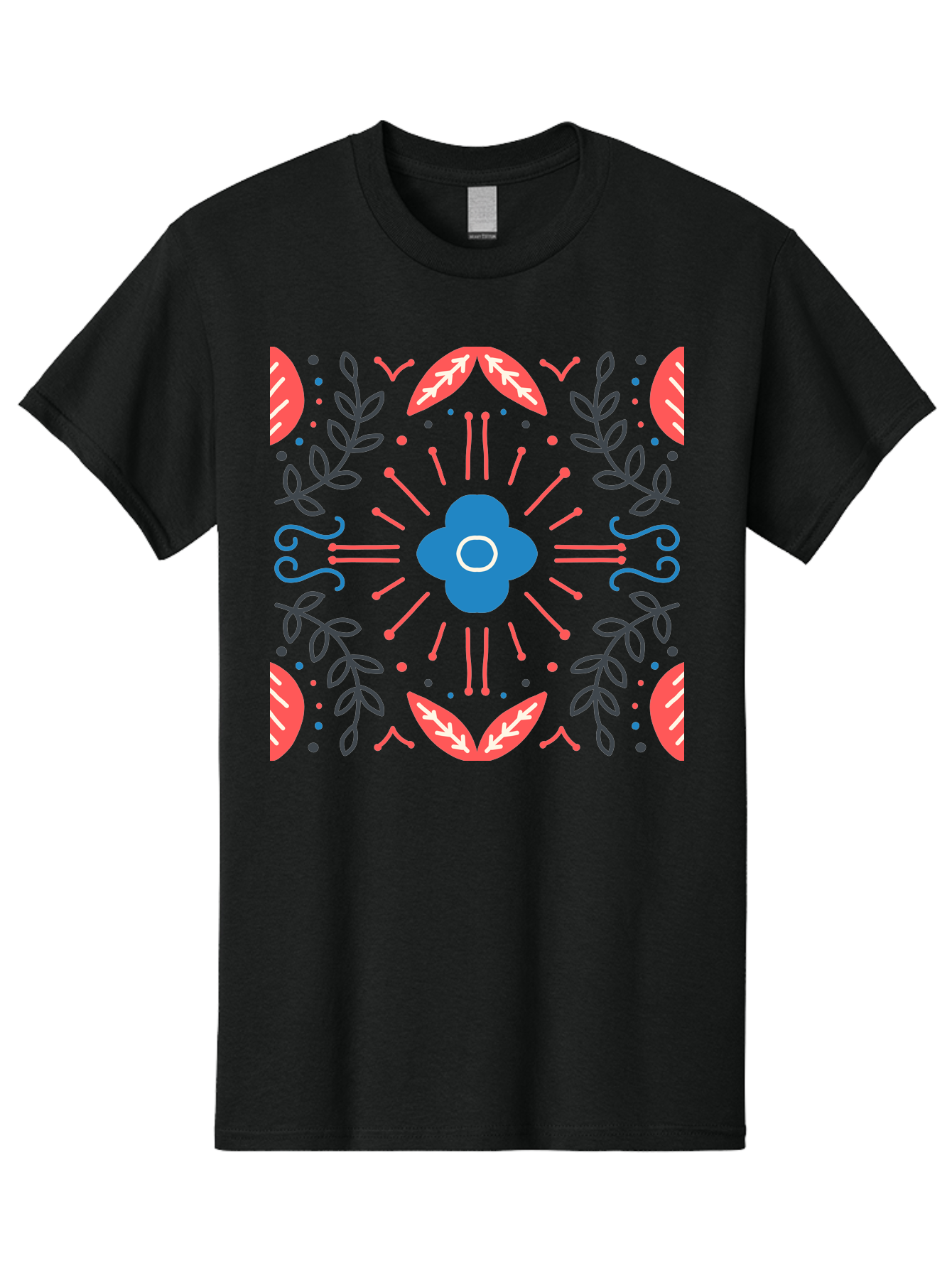 Flower-Pattern-1 Men'S Graphic Tee, 100% Cotton, Comfortable Casual Summer Wear, Machine Washable, Floral Pattern, Symmetrical Design, Vibrant Colors, Blue Flower, Red Leaves, Green Stems, Abstract Art, Geometric Shapes, Decorative Elements, Aab736 15