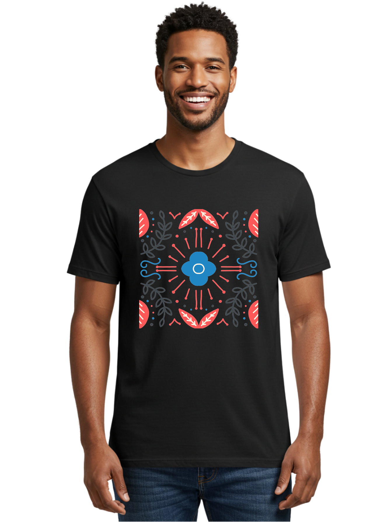 Flower-Pattern-1 Men'S Graphic Tee, 100% Cotton, Comfortable Casual Summer Wear, Machine Washable, Floral Pattern, Symmetrical Design, Vibrant Colors, Blue Flower, Red Leaves, Green Stems, Abstract Art, Geometric Shapes, Decorative Elements, Aab736 16