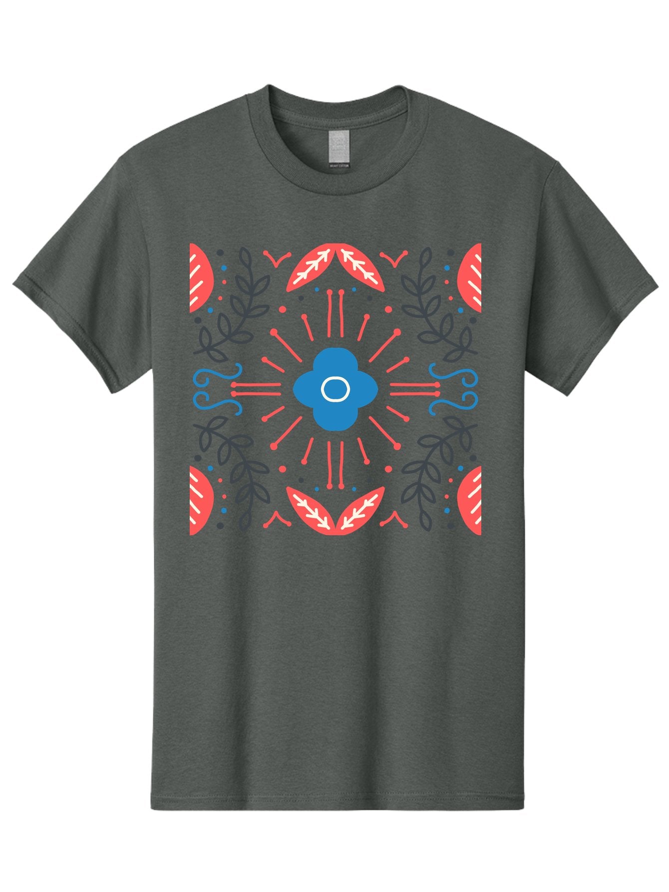 Flower-Pattern-1 Men'S Graphic Tee, 100% Cotton, Comfortable Casual Summer Wear, Machine Washable, Floral Pattern, Symmetrical Design, Vibrant Colors, Blue Flower, Red Leaves, Green Stems, Abstract Art, Geometric Shapes, Decorative Elements, Aab736 7