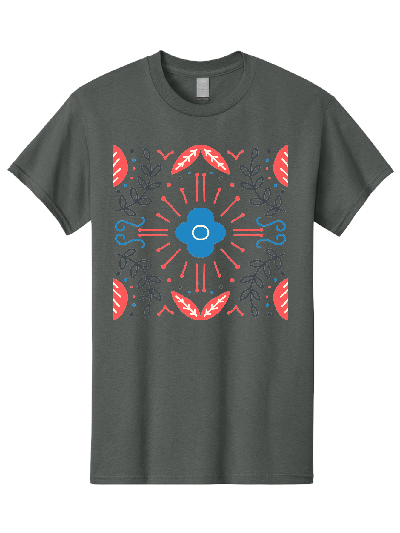 Flower-Pattern-1 Men'S Graphic Tee, 100% Cotton, Comfortable Casual Summer Wear, Machine Washable, Floral Pattern, Symmetrical Design, Vibrant Colors, Blue Flower, Red Leaves, Green Stems, Abstract Art, Geometric Shapes, Decorative Elements, Aab736 25