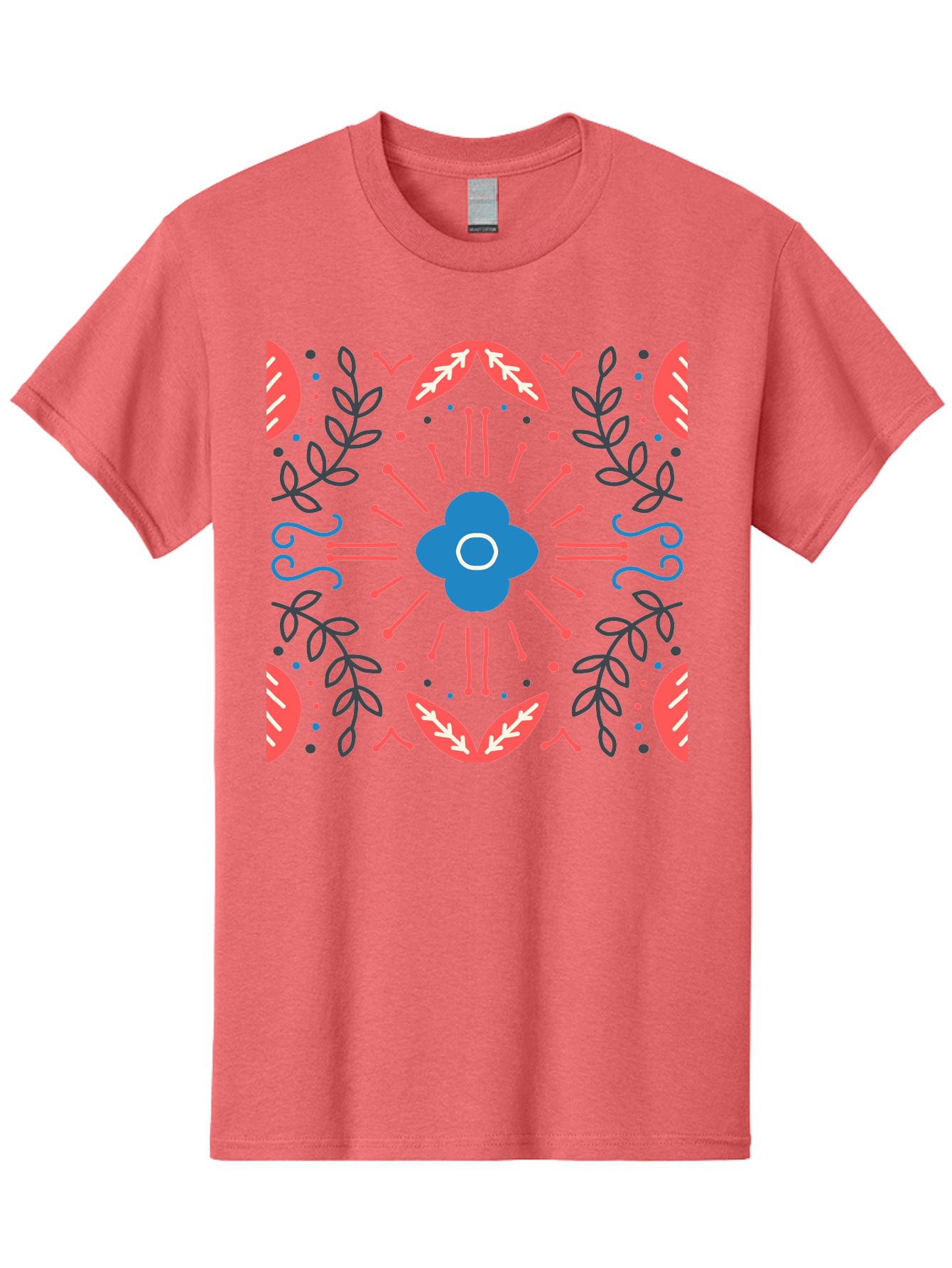 Flower-Pattern-1 Men'S Graphic Tee, 100% Cotton, Comfortable Casual Summer Wear, Machine Washable, Floral Pattern, Symmetrical Design, Vibrant Colors, Blue Flower, Red Leaves, Green Stems, Abstract Art, Geometric Shapes, Decorative Elements, Aab736 17