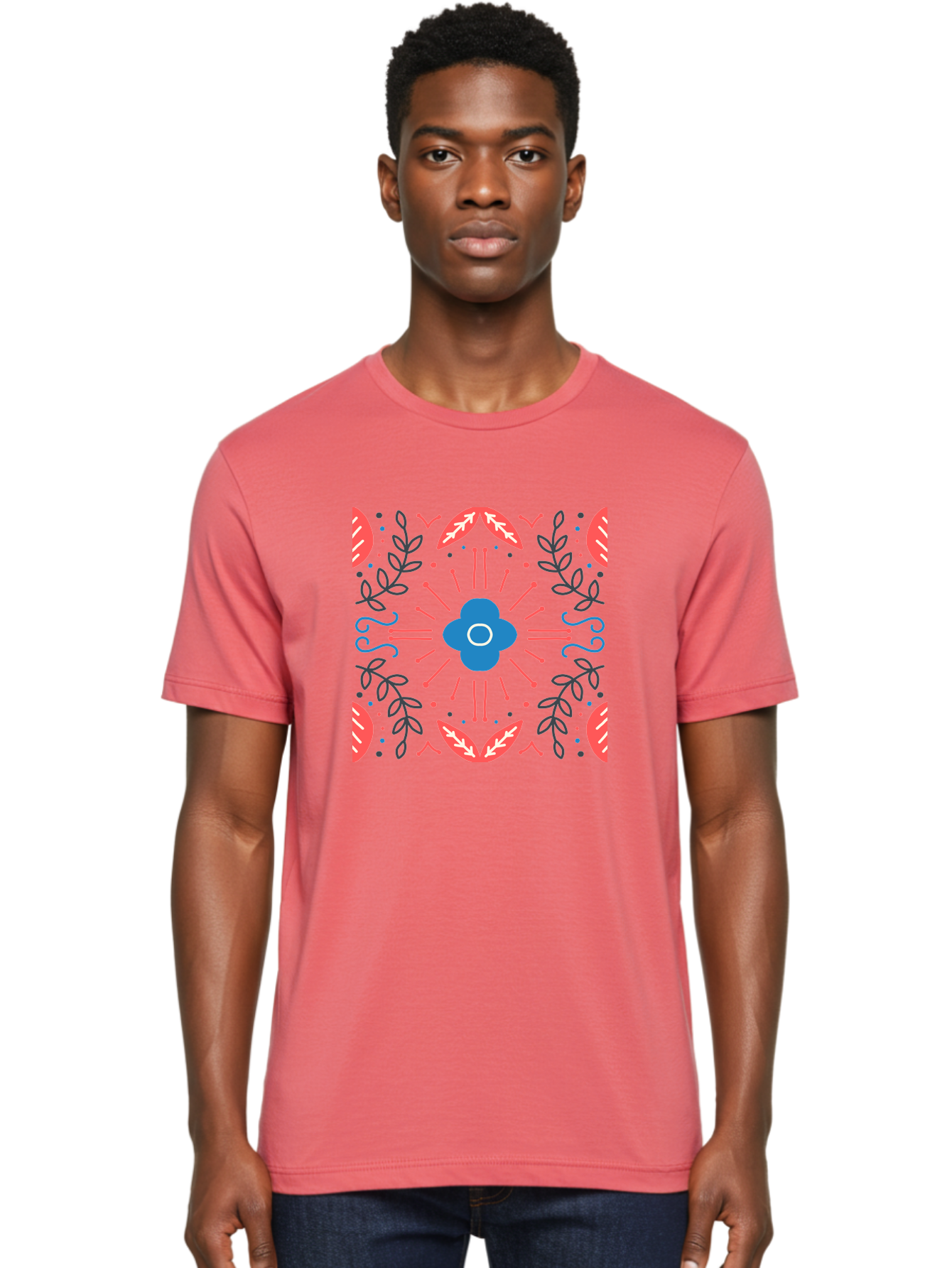 Flower-Pattern-1 Men'S Graphic Tee, 100% Cotton, Comfortable Casual Summer Wear, Machine Washable, Floral Pattern, Symmetrical Design, Vibrant Colors, Blue Flower, Red Leaves, Green Stems, Abstract Art, Geometric Shapes, Decorative Elements, Aab736 18