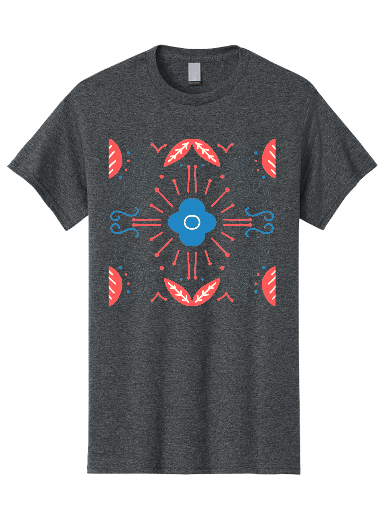 Flower-Pattern-1 Men'S Graphic Tee, 100% Cotton, Comfortable Casual Summer Wear, Machine Washable, Floral Pattern, Symmetrical Design, Vibrant Colors, Blue Flower, Red Leaves, Green Stems, Abstract Art, Geometric Shapes, Decorative Elements, Aab736 23