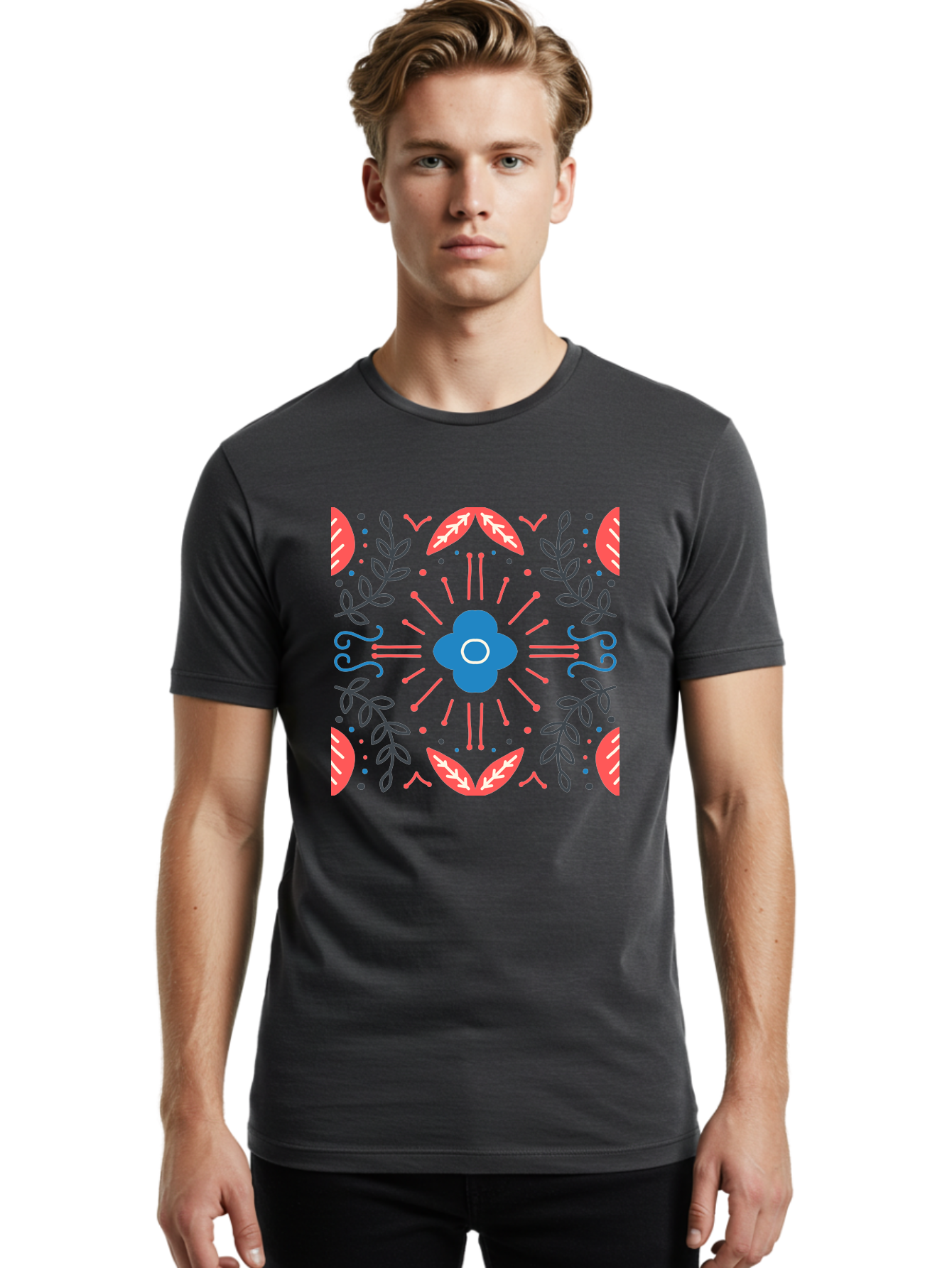 Flower-Pattern-1 Men'S Graphic Tee, 100% Cotton, Comfortable Casual Summer Wear, Machine Washable, Floral Pattern, Symmetrical Design, Vibrant Colors, Blue Flower, Red Leaves, Green Stems, Abstract Art, Geometric Shapes, Decorative Elements, Aab736 24