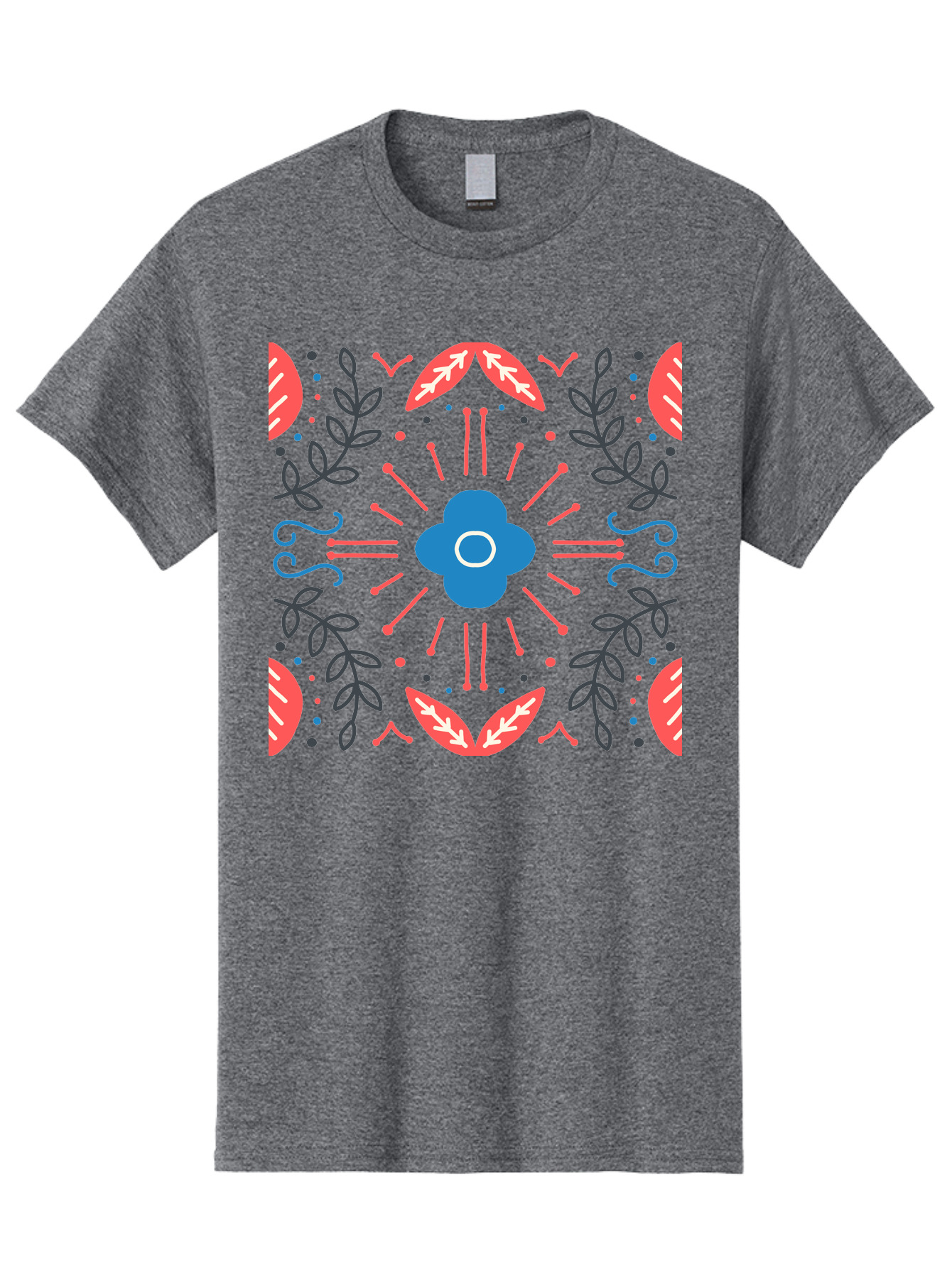 Flower-Pattern-1 Men'S Graphic Tee, 100% Cotton, Comfortable Casual Summer Wear, Machine Washable, Floral Pattern, Symmetrical Design, Vibrant Colors, Blue Flower, Red Leaves, Green Stems, Abstract Art, Geometric Shapes, Decorative Elements, Aab736 3