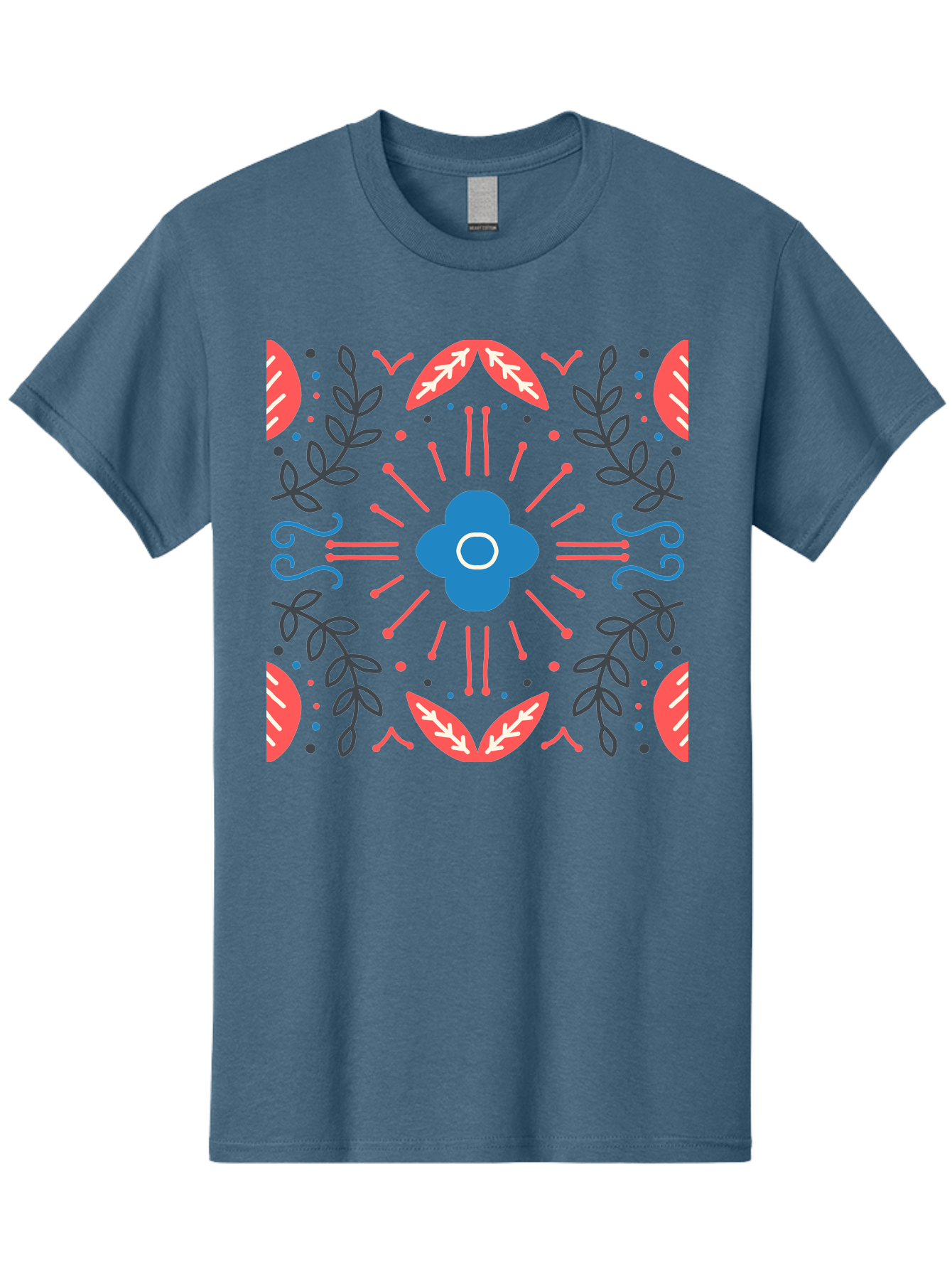 Flower-Pattern-1 Men'S Graphic Tee, 100% Cotton, Comfortable Casual Summer Wear, Machine Washable, Floral Pattern, Symmetrical Design, Vibrant Colors, Blue Flower, Red Leaves, Green Stems, Abstract Art, Geometric Shapes, Decorative Elements, Aab736 13