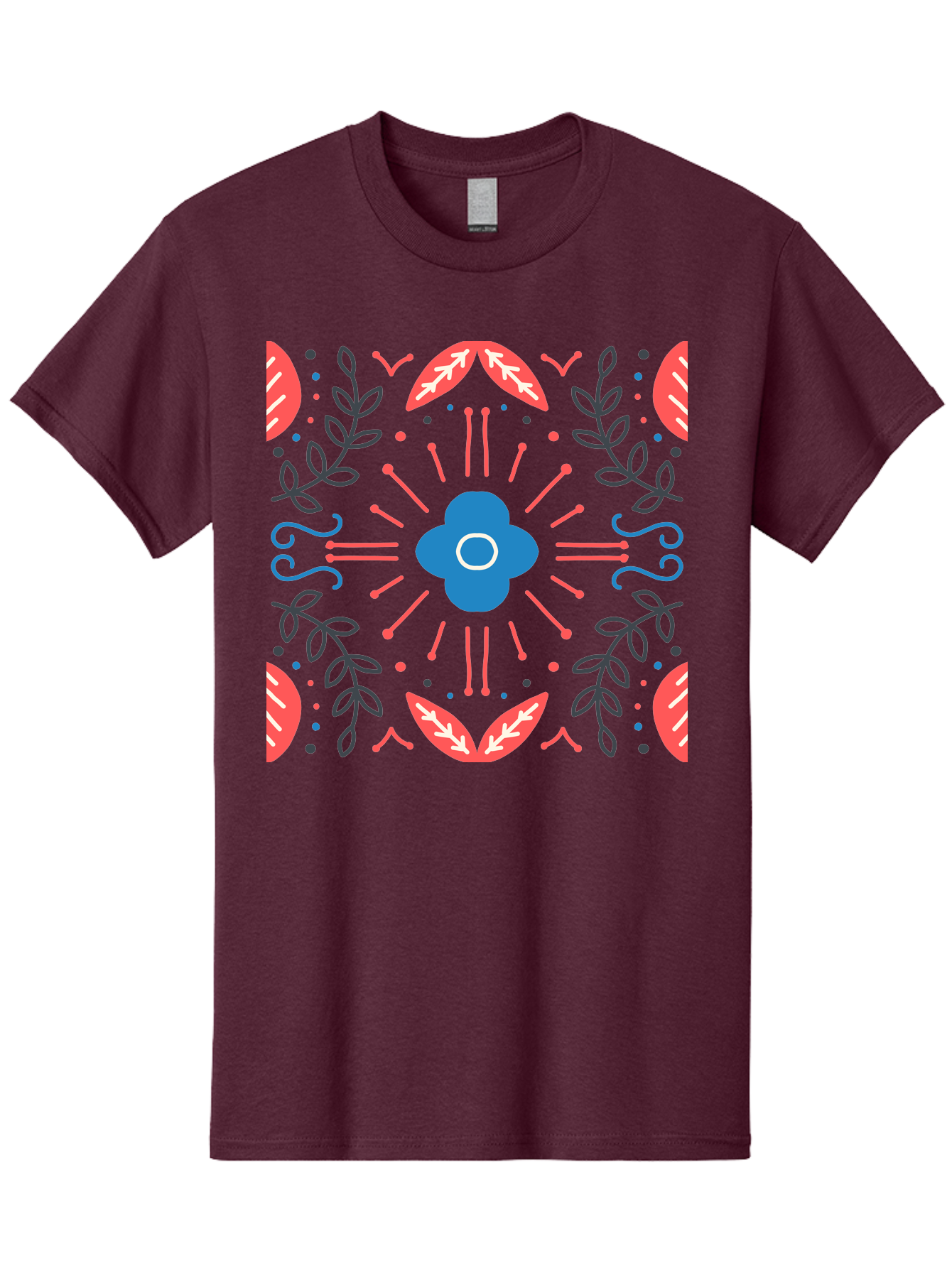Flower-Pattern-1 Men'S Graphic Tee, 100% Cotton, Comfortable Casual Summer Wear, Machine Washable, Floral Pattern, Symmetrical Design, Vibrant Colors, Blue Flower, Red Leaves, Green Stems, Abstract Art, Geometric Shapes, Decorative Elements, Aab736 21