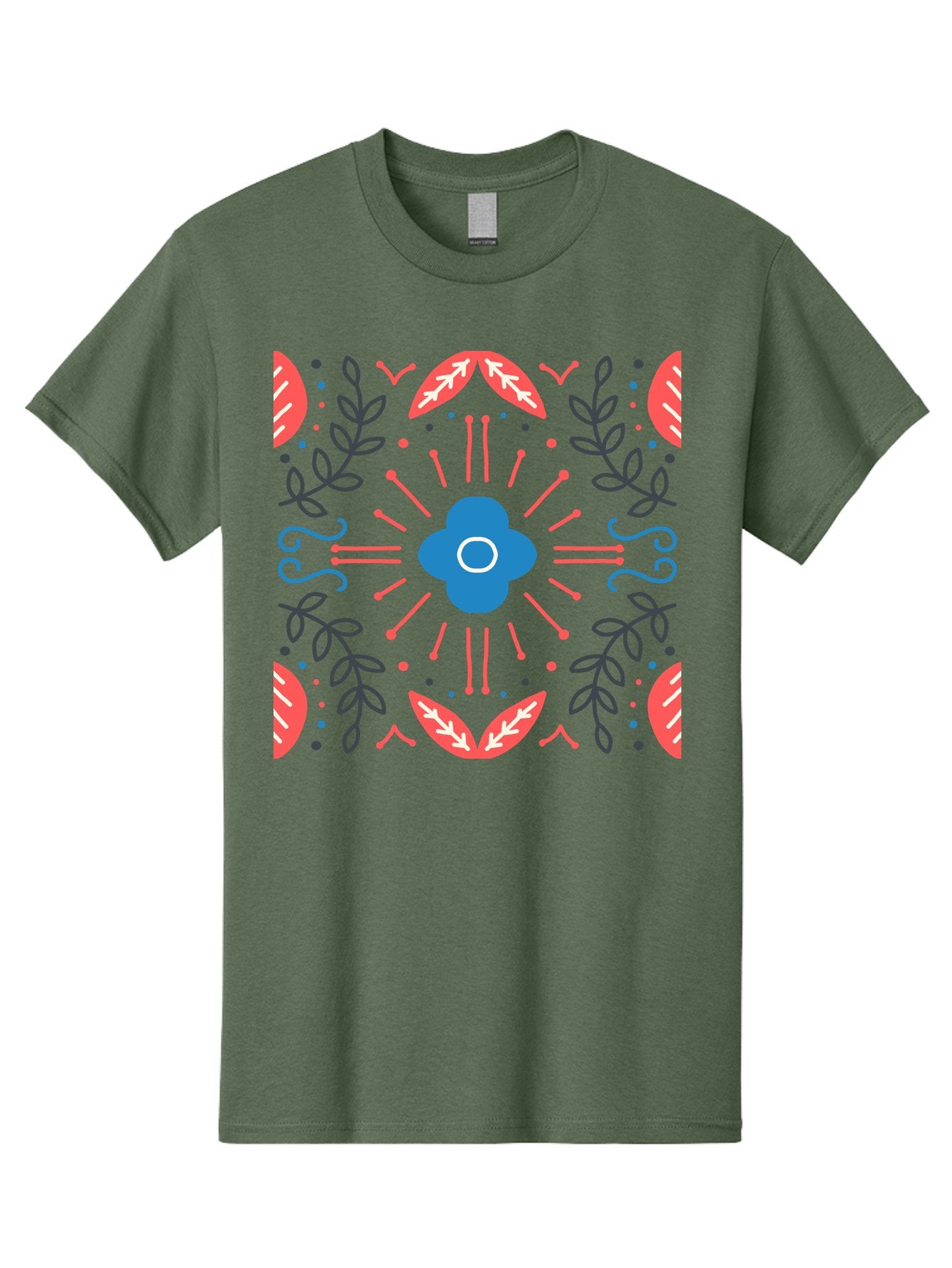 Flower-Pattern-1 Men'S Graphic Tee, 100% Cotton, Comfortable Casual Summer Wear, Machine Washable, Floral Pattern, Symmetrical Design, Vibrant Colors, Blue Flower, Red Leaves, Green Stems, Abstract Art, Geometric Shapes, Decorative Elements, Aab736 9