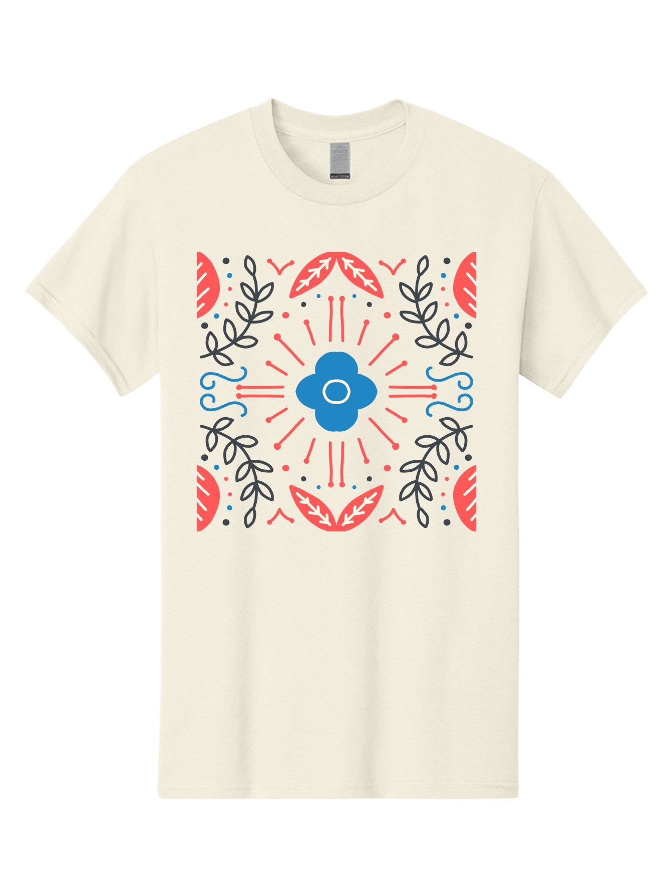 Flower-Pattern-1 Men'S Graphic Tee, 100% Cotton, Comfortable Casual Summer Wear, Machine Washable, Floral Pattern, Symmetrical Design, Vibrant Colors, Blue Flower, Red Leaves, Green Stems, Abstract Art, Geometric Shapes, Decorative Elements, Aab736 15