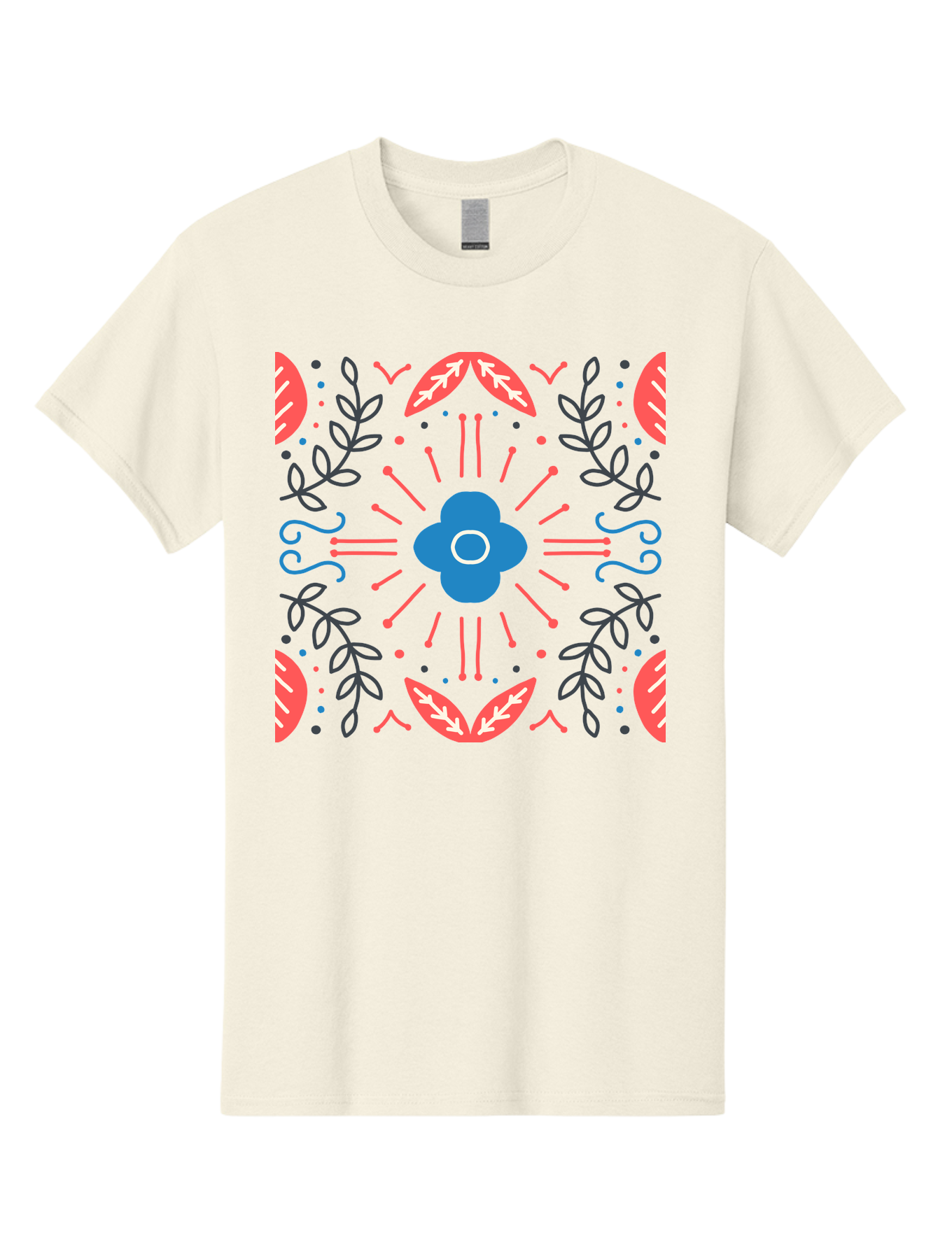 Flower-Pattern-1 Men'S Graphic Tee, 100% Cotton, Comfortable Casual Summer Wear, Machine Washable, Floral Pattern, Symmetrical Design, Vibrant Colors, Blue Flower, Red Leaves, Green Stems, Abstract Art, Geometric Shapes, Decorative Elements, Aab736