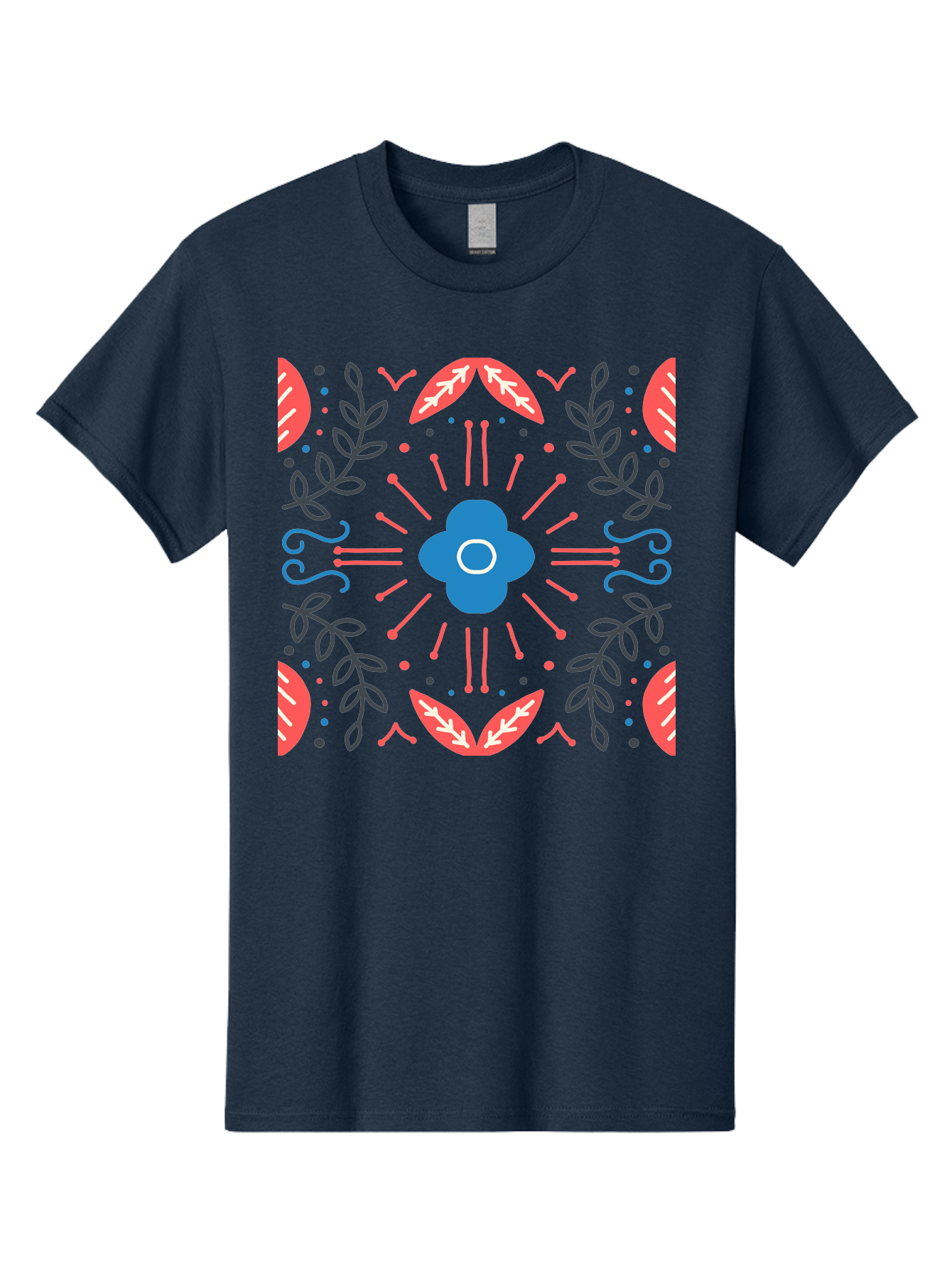 Flower-Pattern-1 Men'S Graphic Tee, 100% Cotton, Comfortable Casual Summer Wear, Machine Washable, Floral Pattern, Symmetrical Design, Vibrant Colors, Blue Flower, Red Leaves, Green Stems, Abstract Art, Geometric Shapes, Decorative Elements, Aab736 5