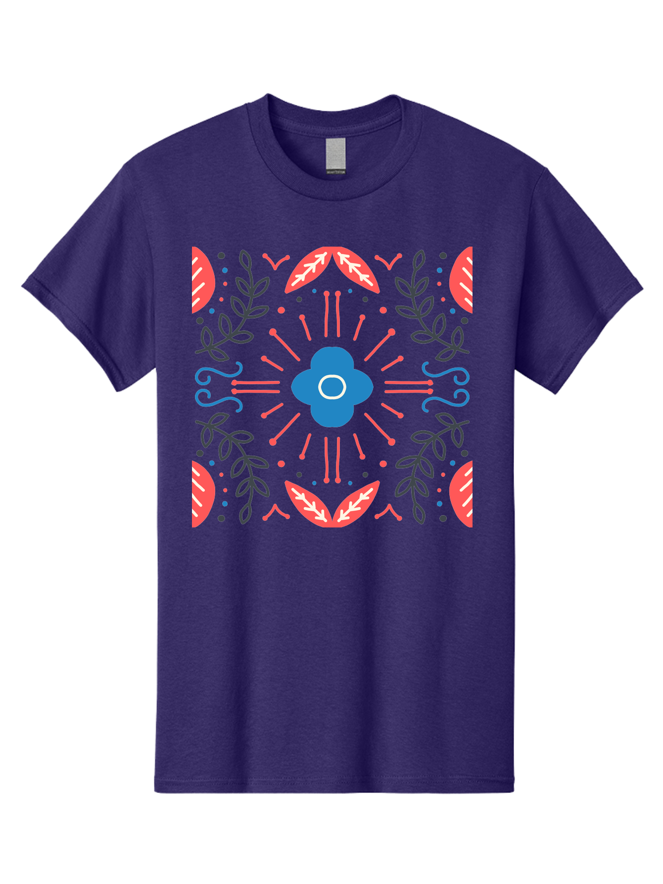 Flower-Pattern-1 Men'S Graphic Tee, 100% Cotton, Comfortable Casual Summer Wear, Machine Washable, Floral Pattern, Symmetrical Design, Vibrant Colors, Blue Flower, Red Leaves, Green Stems, Abstract Art, Geometric Shapes, Decorative Elements, Aab736 19