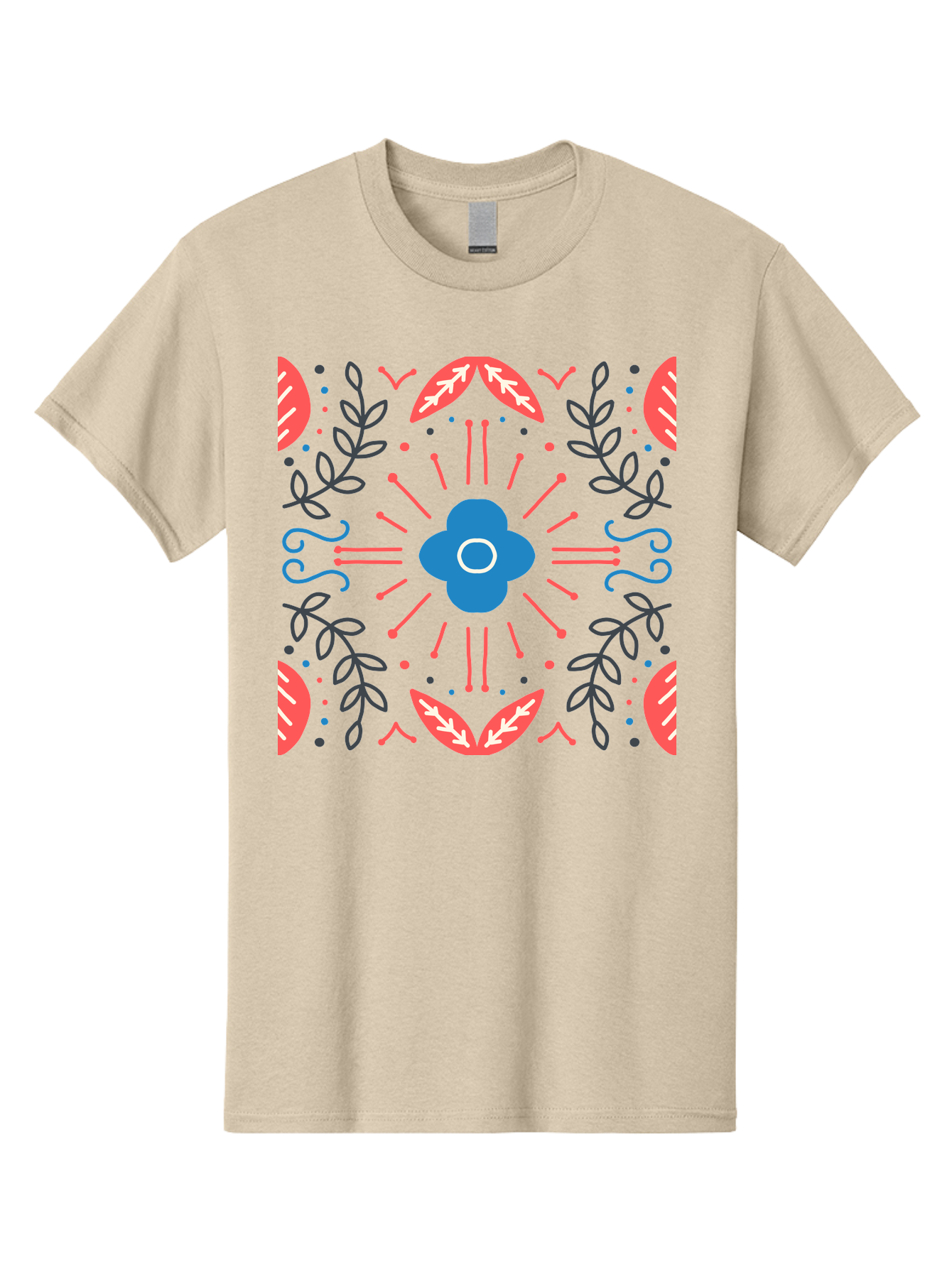 Flower-Pattern-1 Men'S Graphic Tee, 100% Cotton, Comfortable Casual Summer Wear, Machine Washable, Floral Pattern, Symmetrical Design, Vibrant Colors, Blue Flower, Red Leaves, Green Stems, Abstract Art, Geometric Shapes, Decorative Elements, Aab736 7