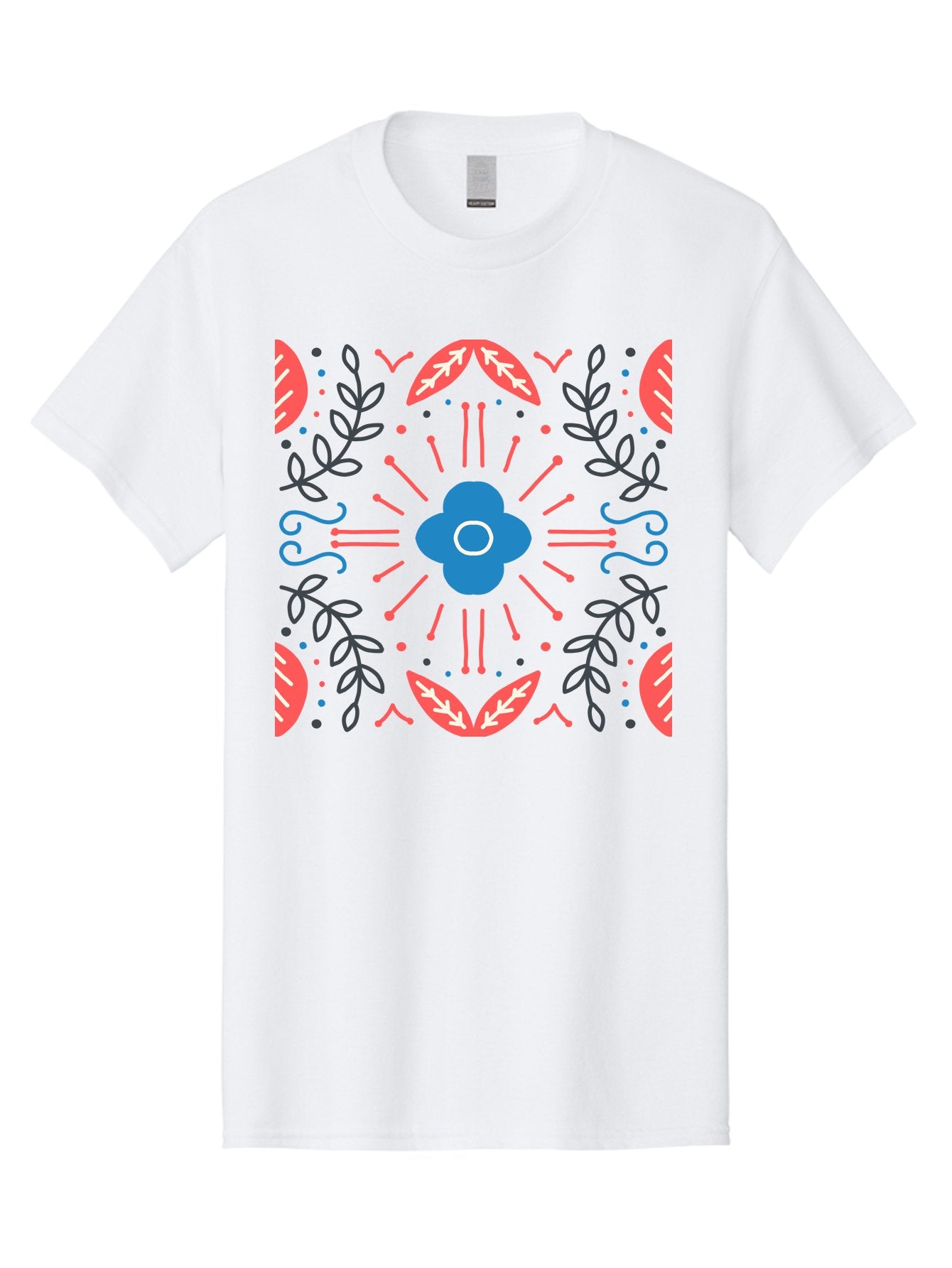 Flower-Pattern-1 Men'S Graphic Tee, 100% Cotton, Comfortable Casual Summer Wear, Machine Washable, Floral Pattern, Symmetrical Design, Vibrant Colors, Blue Flower, Red Leaves, Green Stems, Abstract Art, Geometric Shapes, Decorative Elements, Aab736 10