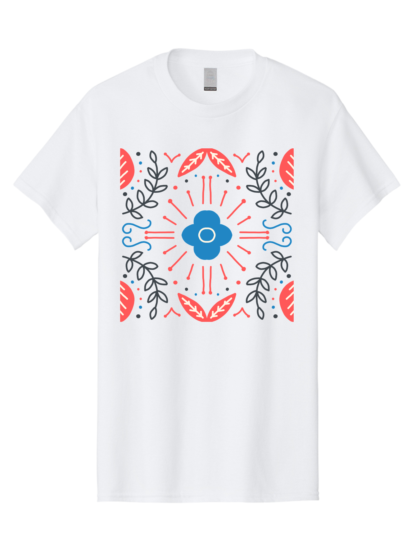 Flower-Pattern-1 Men'S Graphic Tee, 100% Cotton, Comfortable Casual Summer Wear, Machine Washable, Floral Pattern, Symmetrical Design, Vibrant Colors, Blue Flower, Red Leaves, Green Stems, Abstract Art, Geometric Shapes, Decorative Elements, Aab736 27