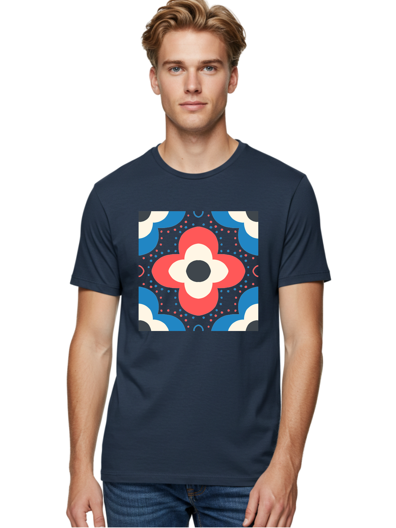 Flower-Pattern-3 Men'S Graphic Tee, 100% Cotton, Comfortable Casual Summer Wear, Machine Washable, Stylized Flower, Floral Pattern, Abstract Design, Geometric Shapes, Bold Colors, Vibrant Hues, Modern Art, Decorative Motif, Aab738 4