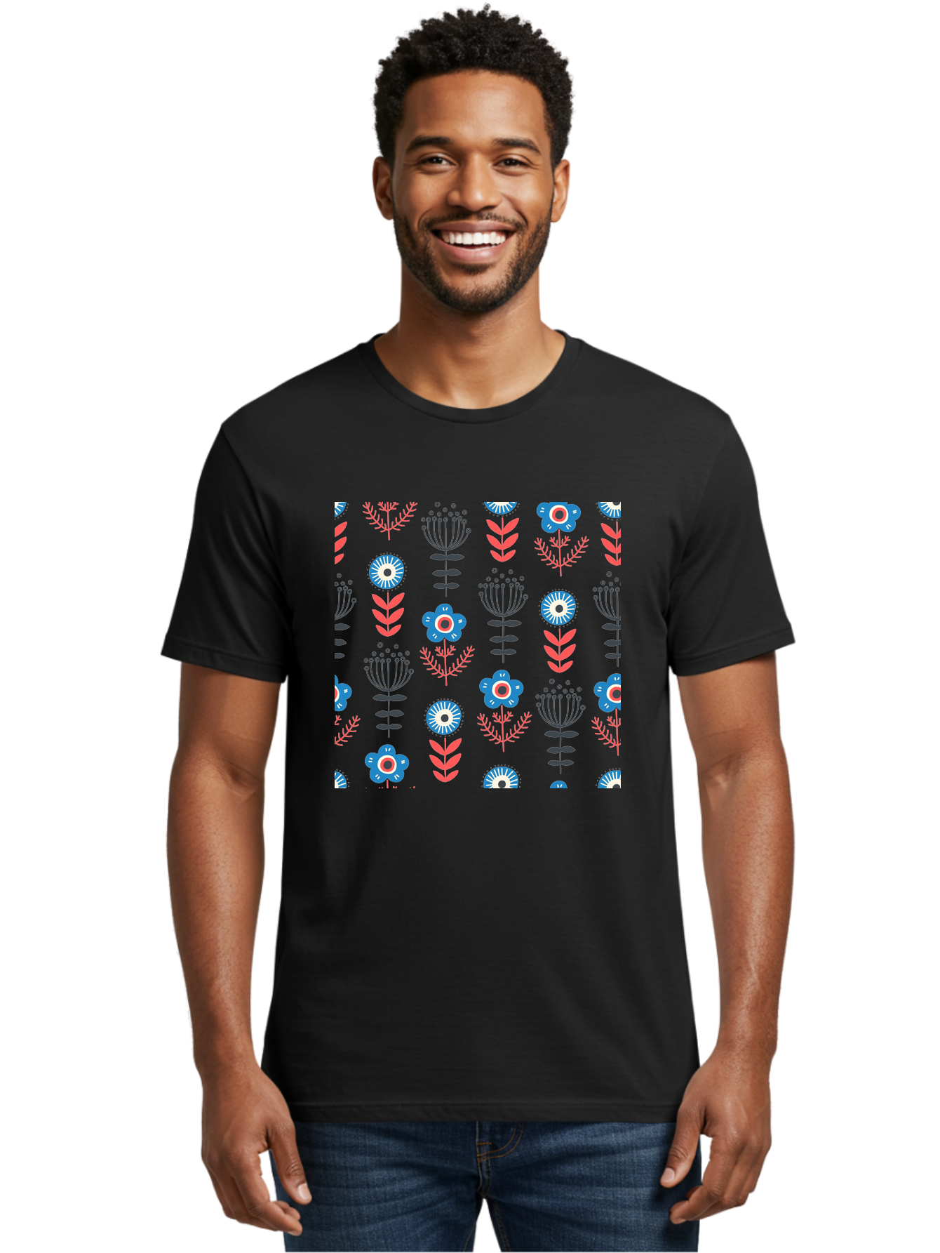 Flower-Pattern Men'S Graphic Tee, 100% Cotton, Comfortable Casual Summer Wear, Machine Washable, Blue Flowers, Pink Chevrons, Floral Design, Abstract Patterns, Decorative Elements, Vibrant Colors, Stylized Blooms Aab739 12