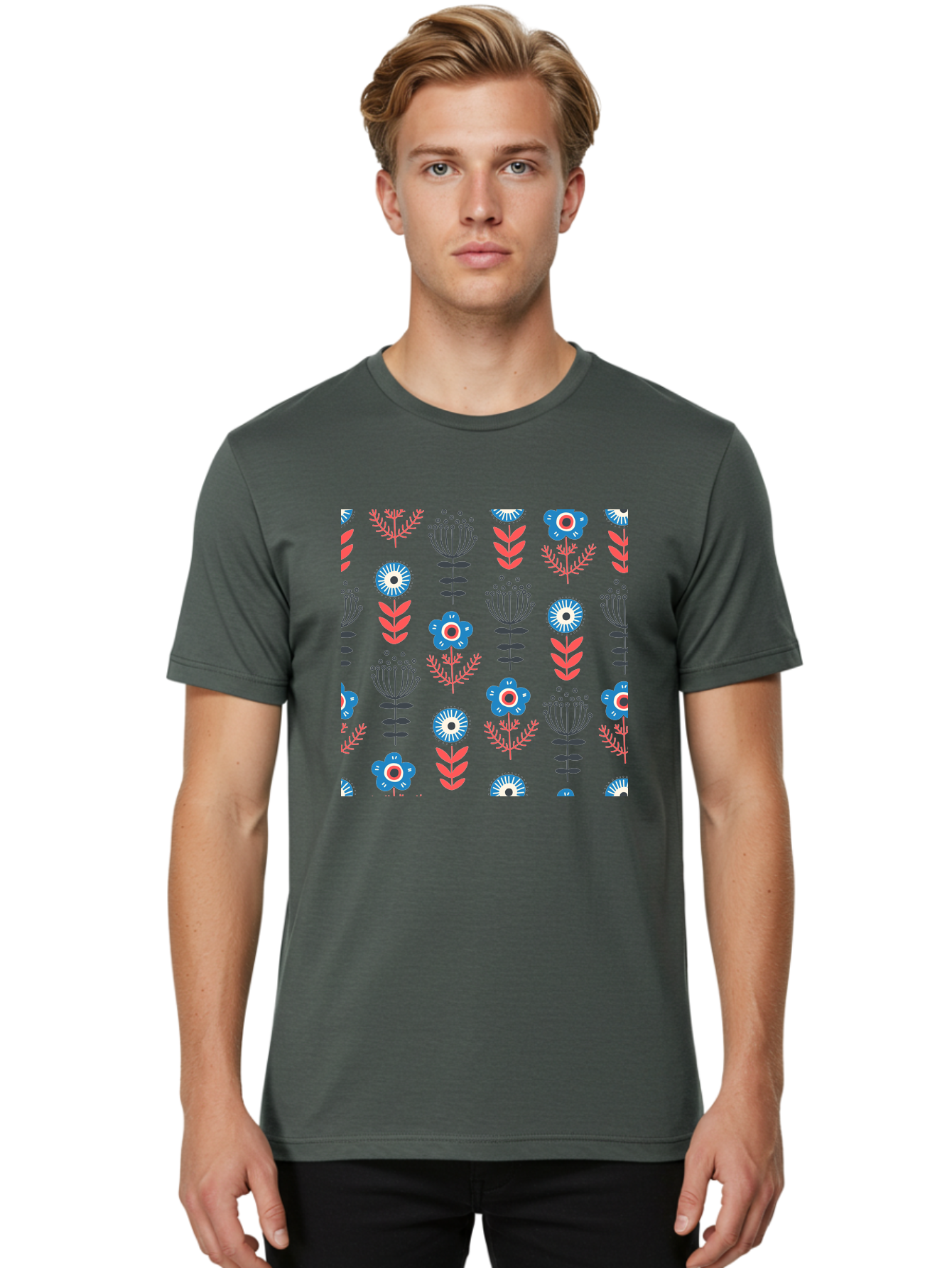 Flower-Pattern Men'S Graphic Tee, 100% Cotton, Comfortable Casual Summer Wear, Machine Washable, Blue Flowers, Pink Chevrons, Floral Design, Abstract Patterns, Decorative Elements, Vibrant Colors, Stylized Blooms Aab739 8