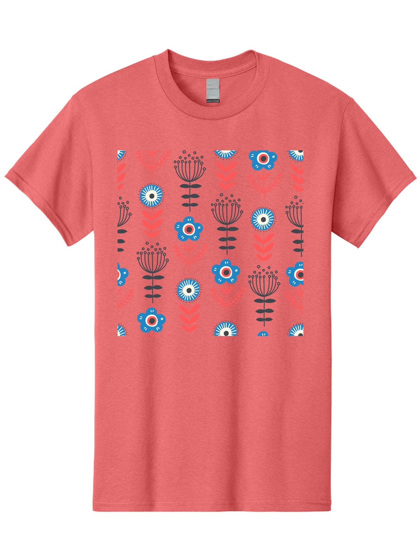 Flower-Pattern Men'S Graphic Tee, 100% Cotton, Comfortable Casual Summer Wear, Machine Washable, Blue Flowers, Pink Chevrons, Floral Design, Abstract Patterns, Decorative Elements, Vibrant Colors, Stylized Blooms Aab739 7