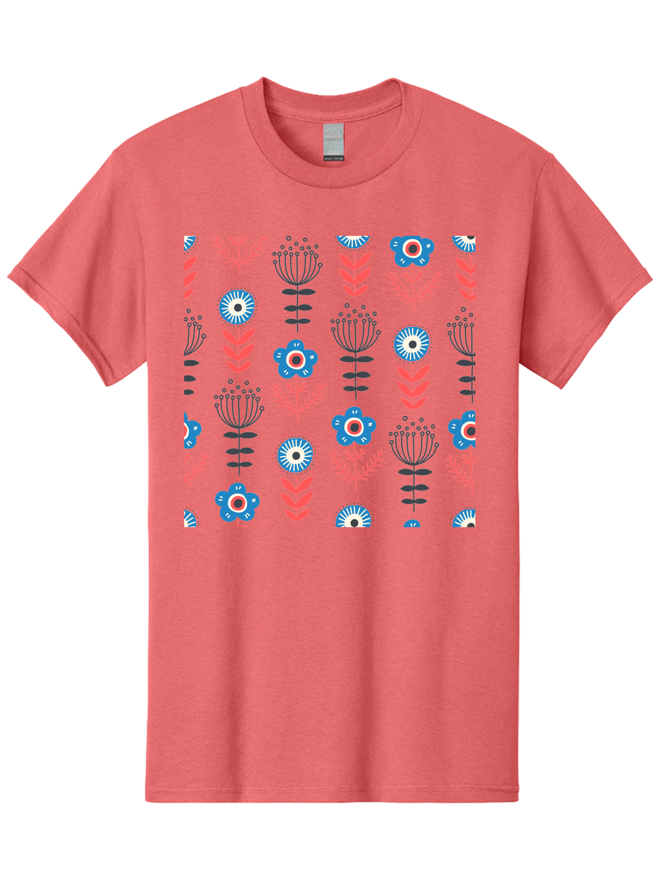 Flower-Pattern Men'S Graphic Tee, 100% Cotton, Comfortable Casual Summer Wear, Machine Washable, Blue Flowers, Pink Chevrons, Floral Design, Abstract Patterns, Decorative Elements, Vibrant Colors, Stylized Blooms Aab739 25