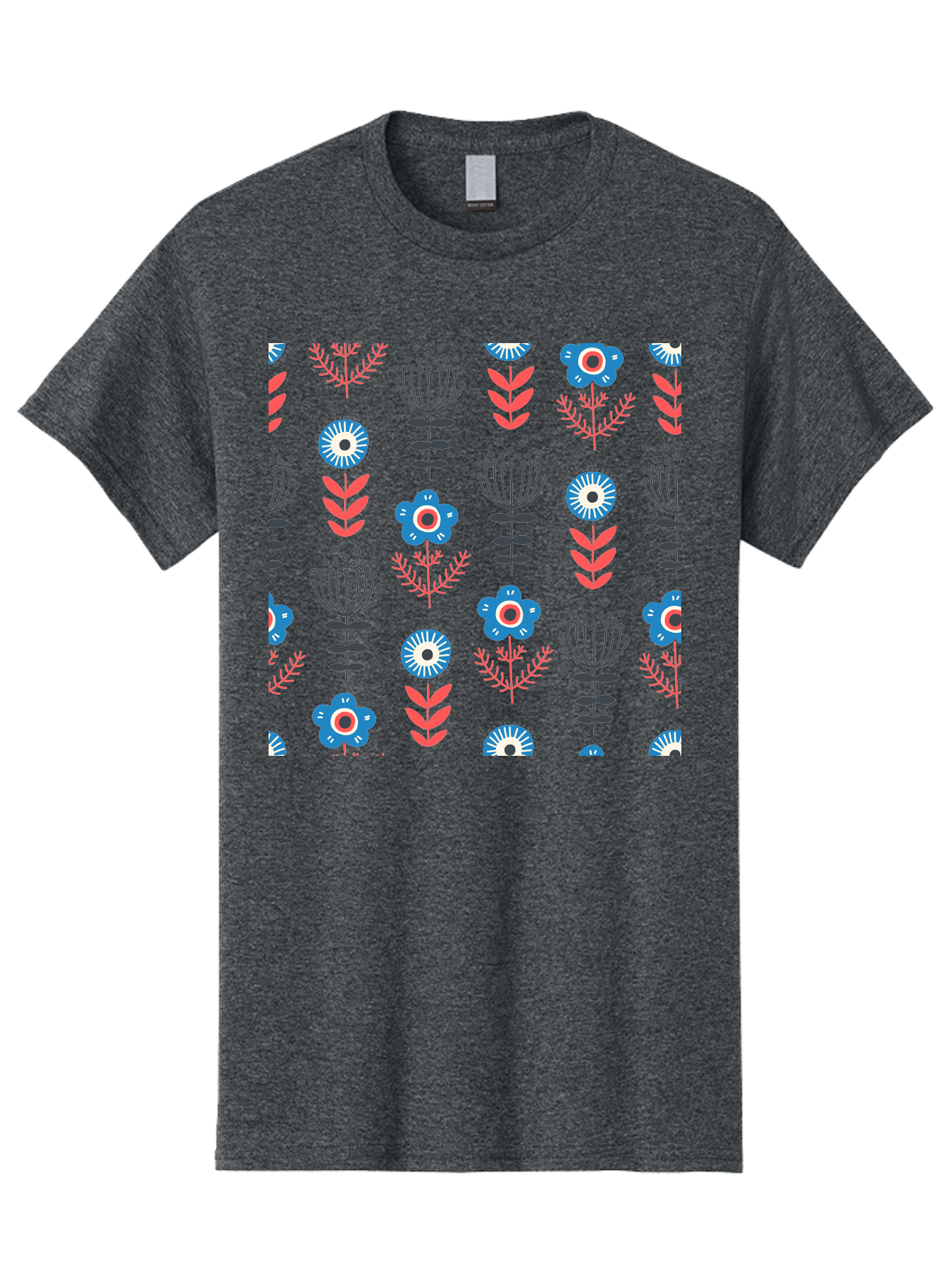 Flower-Pattern Men'S Graphic Tee, 100% Cotton, Comfortable Casual Summer Wear, Machine Washable, Blue Flowers, Pink Chevrons, Floral Design, Abstract Patterns, Decorative Elements, Vibrant Colors, Stylized Blooms Aab739 23