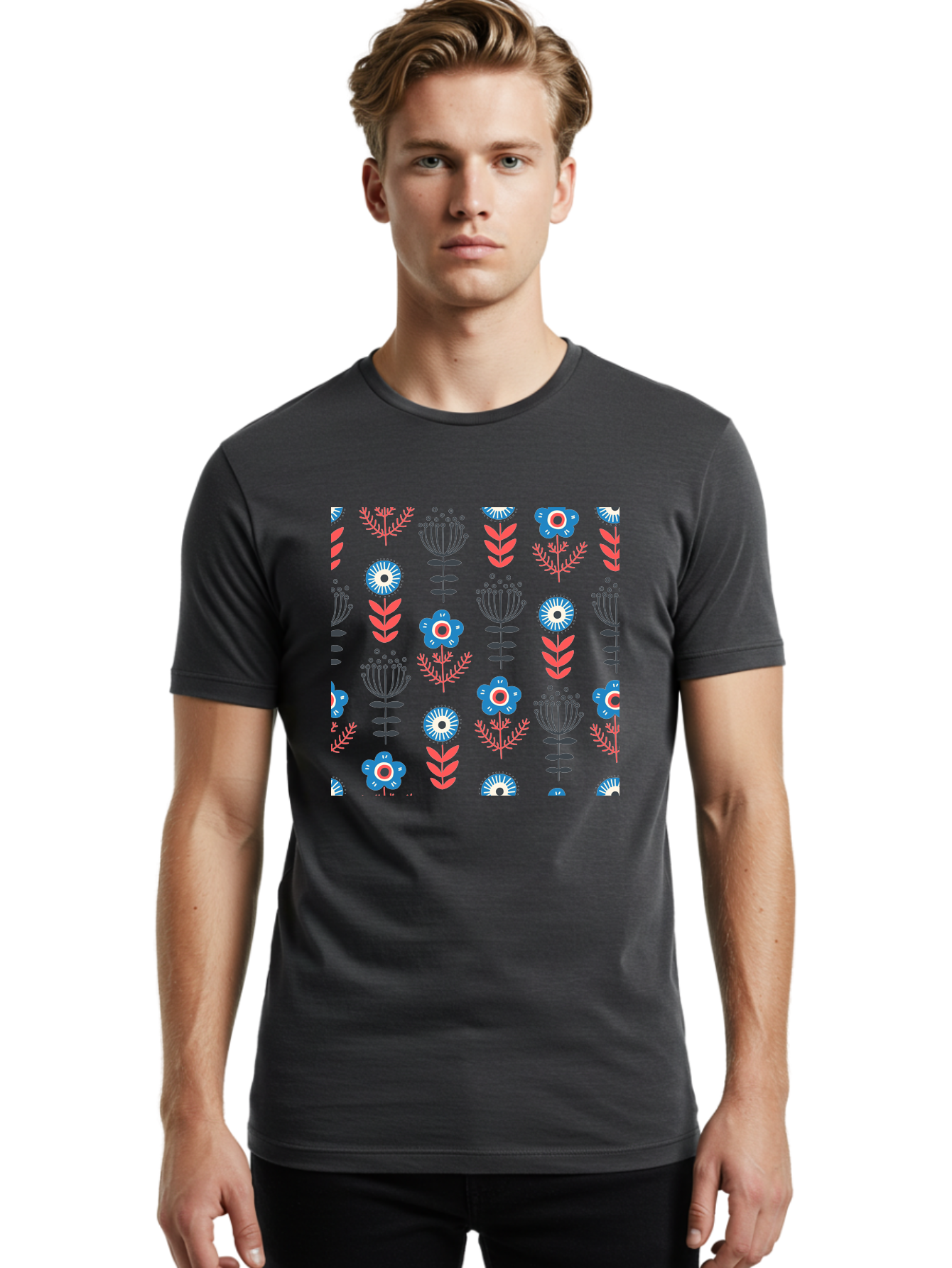 Flower-Pattern Men'S Graphic Tee, 100% Cotton, Comfortable Casual Summer Wear, Machine Washable, Blue Flowers, Pink Chevrons, Floral Design, Abstract Patterns, Decorative Elements, Vibrant Colors, Stylized Blooms Aab739 24