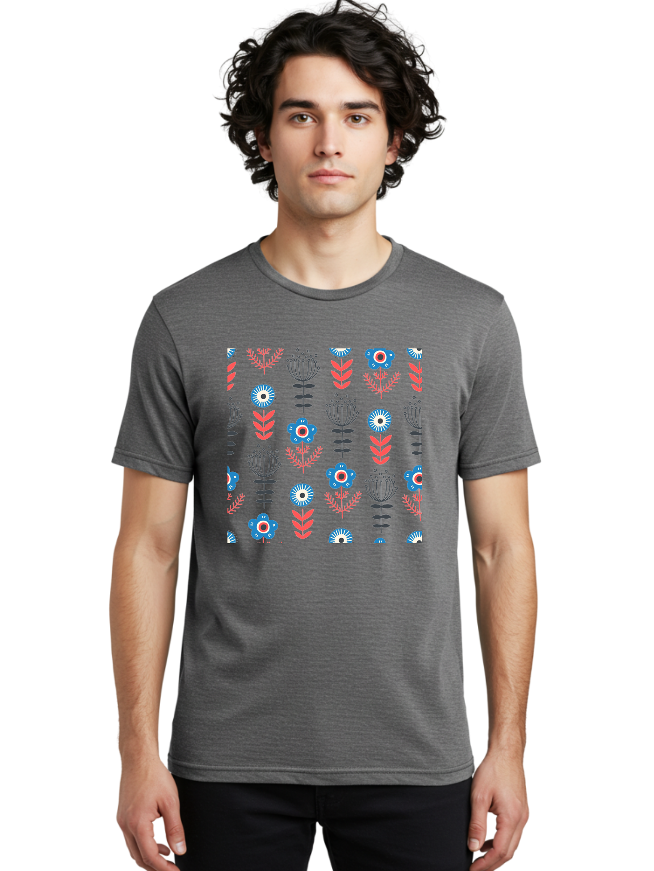 Flower-Pattern Men'S Graphic Tee, 100% Cotton, Comfortable Casual Summer Wear, Machine Washable, Blue Flowers, Pink Chevrons, Floral Design, Abstract Patterns, Decorative Elements, Vibrant Colors, Stylized Blooms Aab739 28