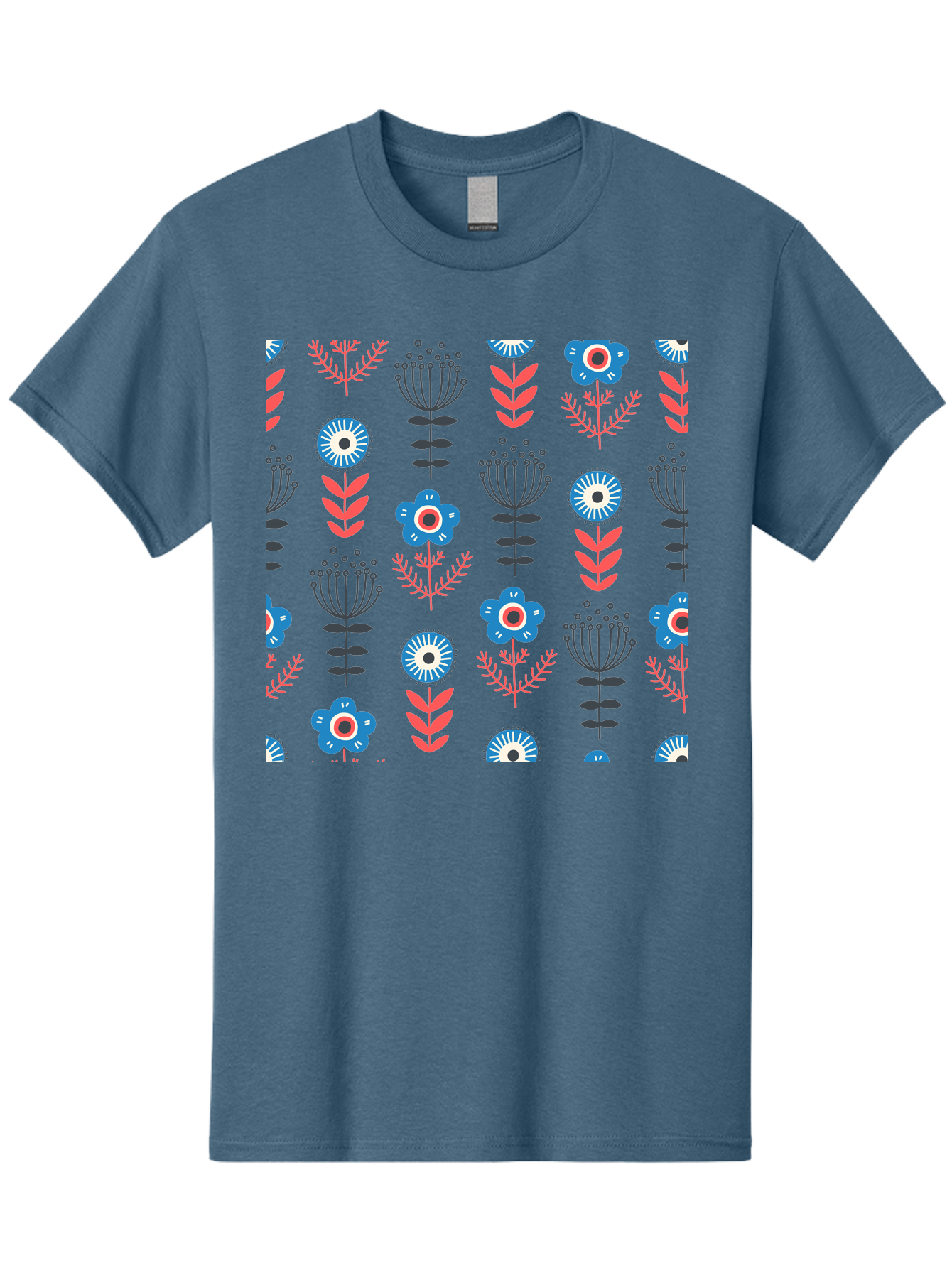 Flower-Pattern Men'S Graphic Tee, 100% Cotton, Comfortable Casual Summer Wear, Machine Washable, Blue Flowers, Pink Chevrons, Floral Design, Abstract Patterns, Decorative Elements, Vibrant Colors, Stylized Blooms Aab739 29