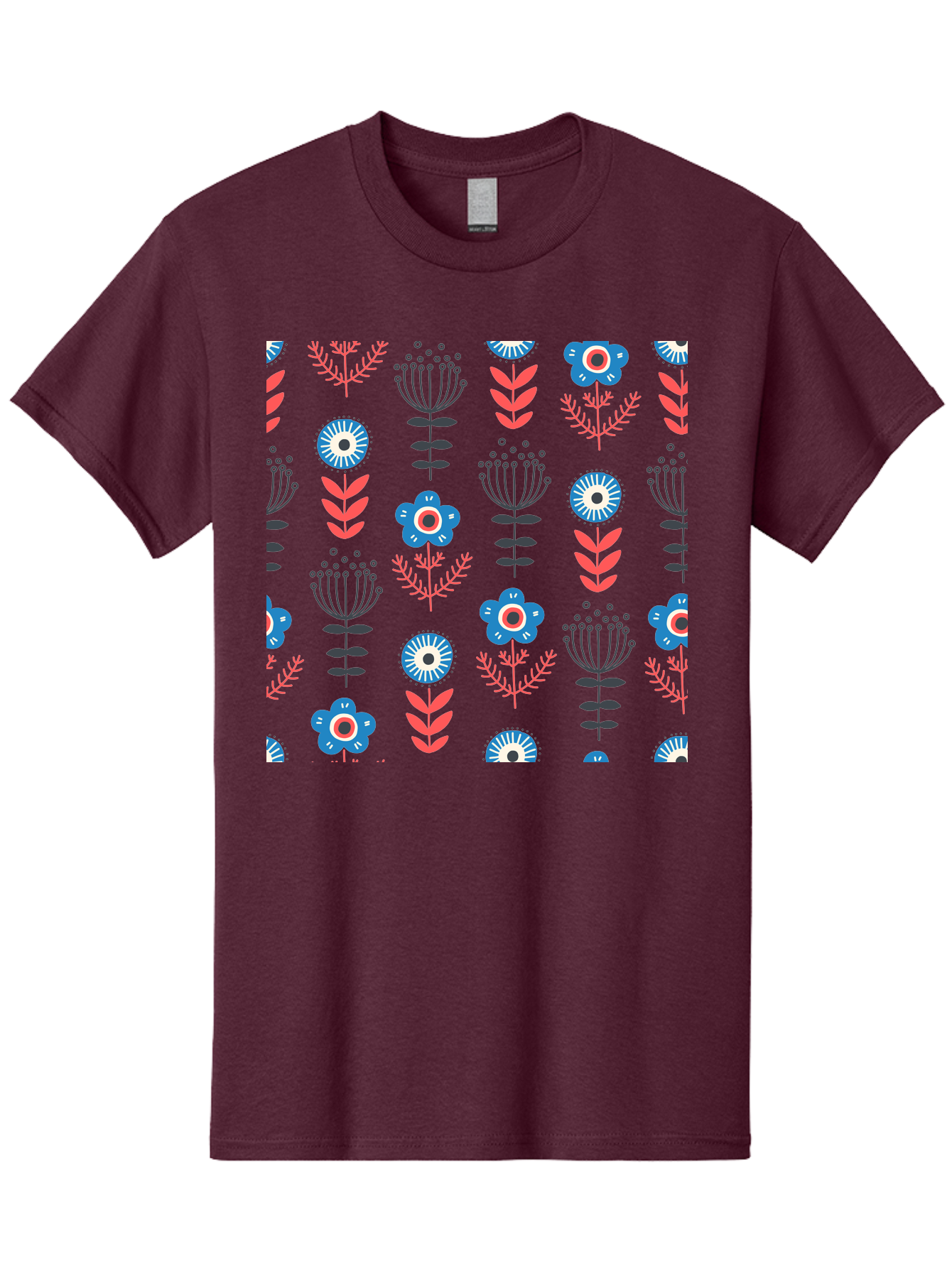 Flower-Pattern Men'S Graphic Tee, 100% Cotton, Comfortable Casual Summer Wear, Machine Washable, Blue Flowers, Pink Chevrons, Floral Design, Abstract Patterns, Decorative Elements, Vibrant Colors, Stylized Blooms Aab739 9