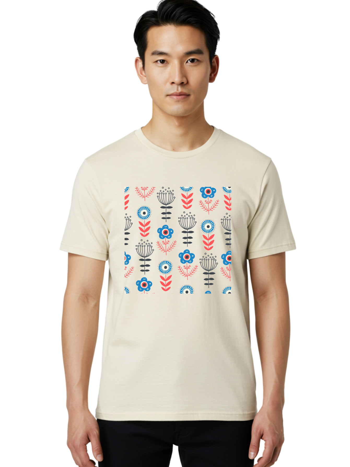 Flower-Pattern Men'S Graphic Tee, 100% Cotton, Comfortable Casual Summer Wear, Machine Washable, Blue Flowers, Pink Chevrons, Floral Design, Abstract Patterns, Decorative Elements, Vibrant Colors, Stylized Blooms Aab739 4