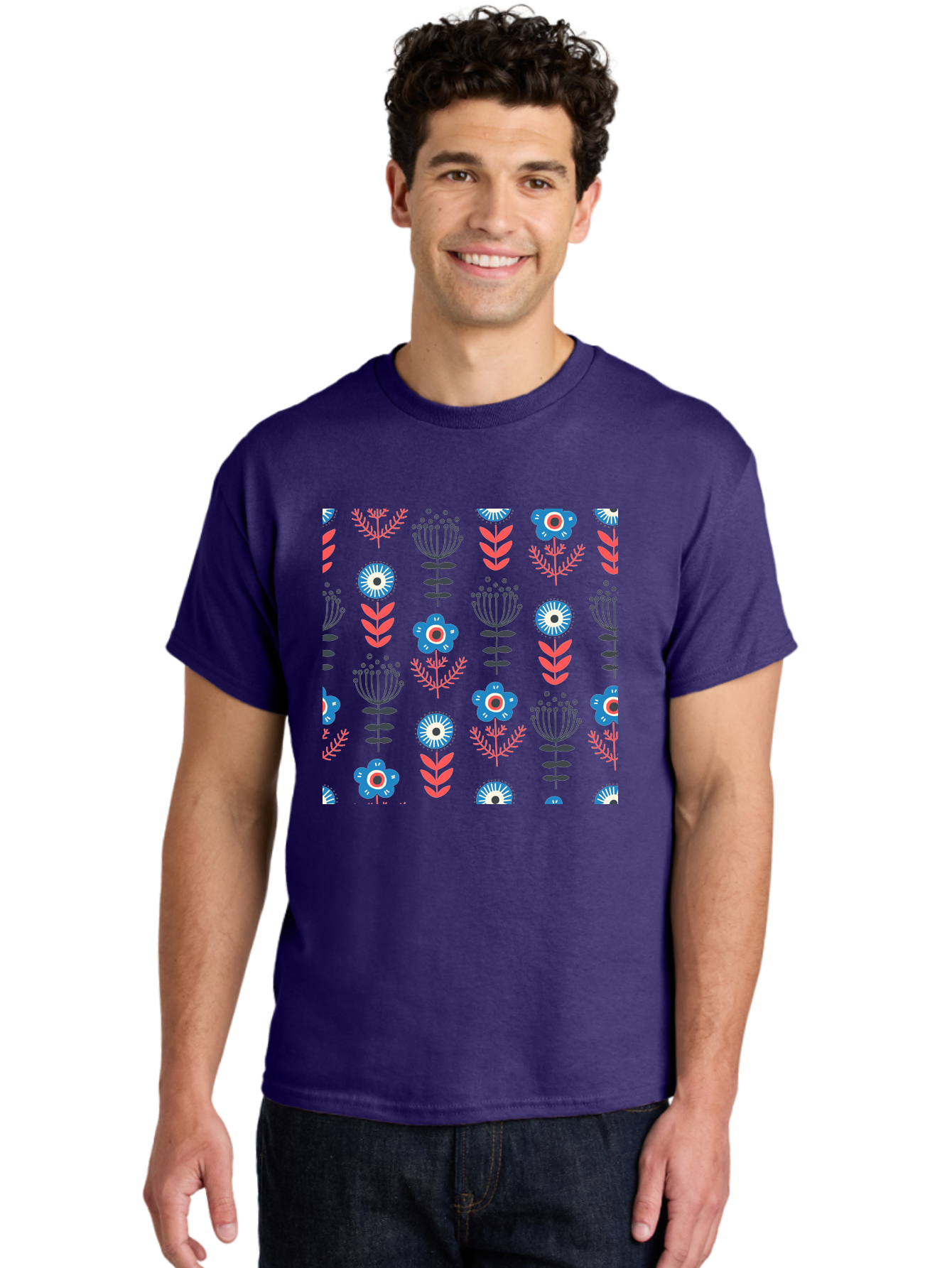Flower-Pattern Men'S Graphic Tee, 100% Cotton, Comfortable Casual Summer Wear, Machine Washable, Blue Flowers, Pink Chevrons, Floral Design, Abstract Patterns, Decorative Elements, Vibrant Colors, Stylized Blooms Aab739 20