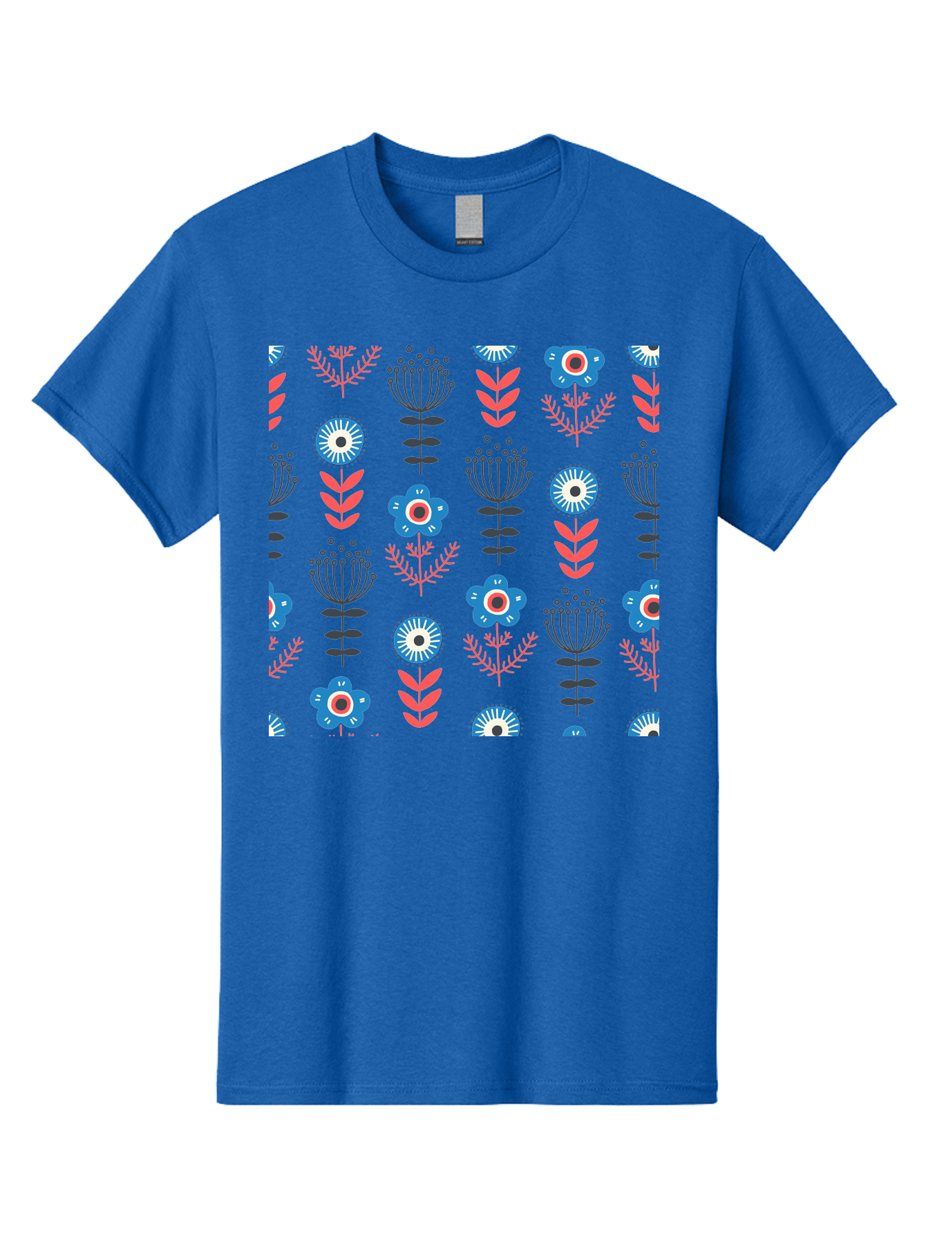 Flower-Pattern Men'S Graphic Tee, 100% Cotton, Comfortable Casual Summer Wear, Machine Washable, Blue Flowers, Pink Chevrons, Floral Design, Abstract Patterns, Decorative Elements, Vibrant Colors, Stylized Blooms Aab739 13