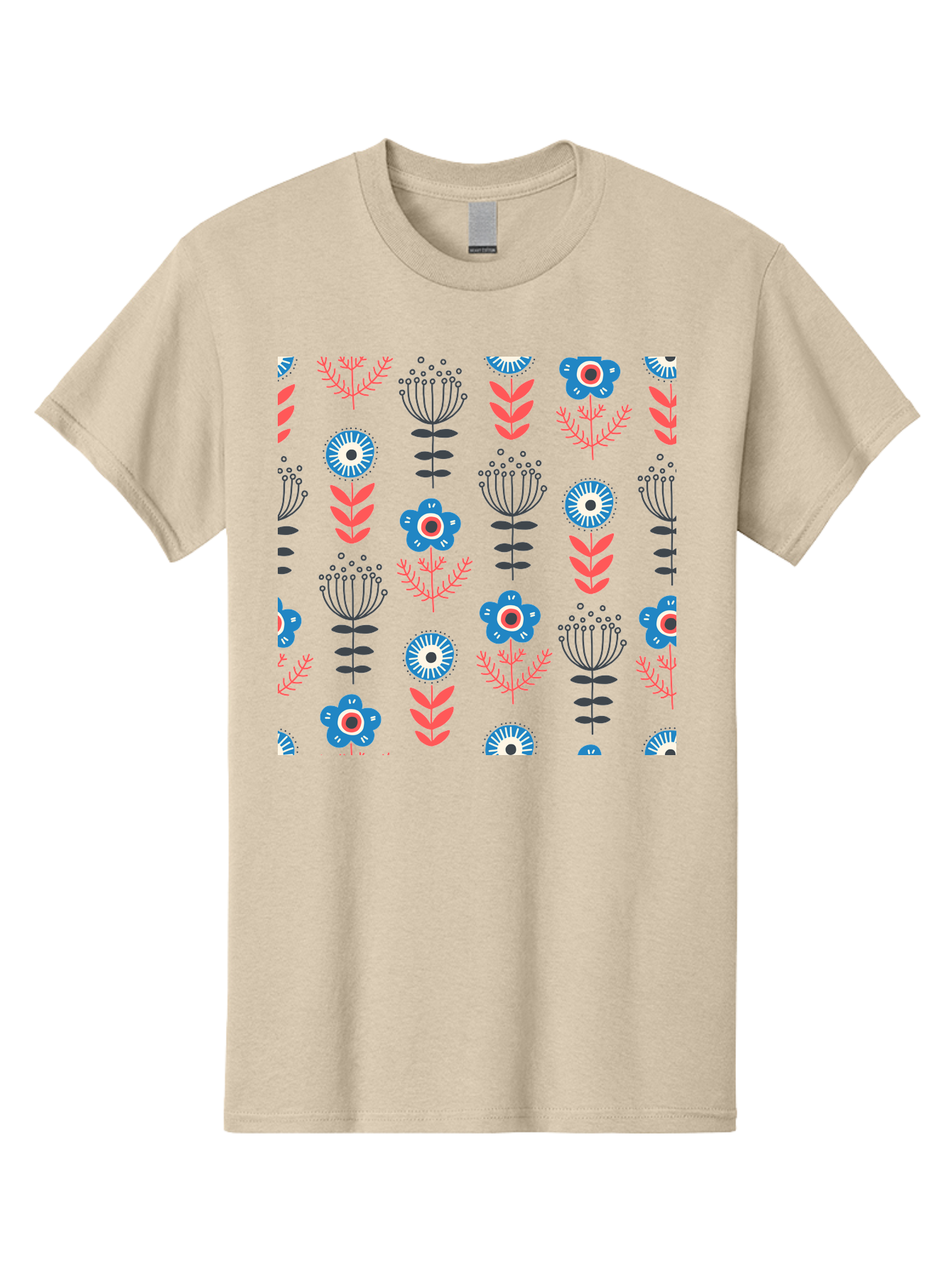 Flower-Pattern Men'S Graphic Tee, 100% Cotton, Comfortable Casual Summer Wear, Machine Washable, Blue Flowers, Pink Chevrons, Floral Design, Abstract Patterns, Decorative Elements, Vibrant Colors, Stylized Blooms Aab739 5