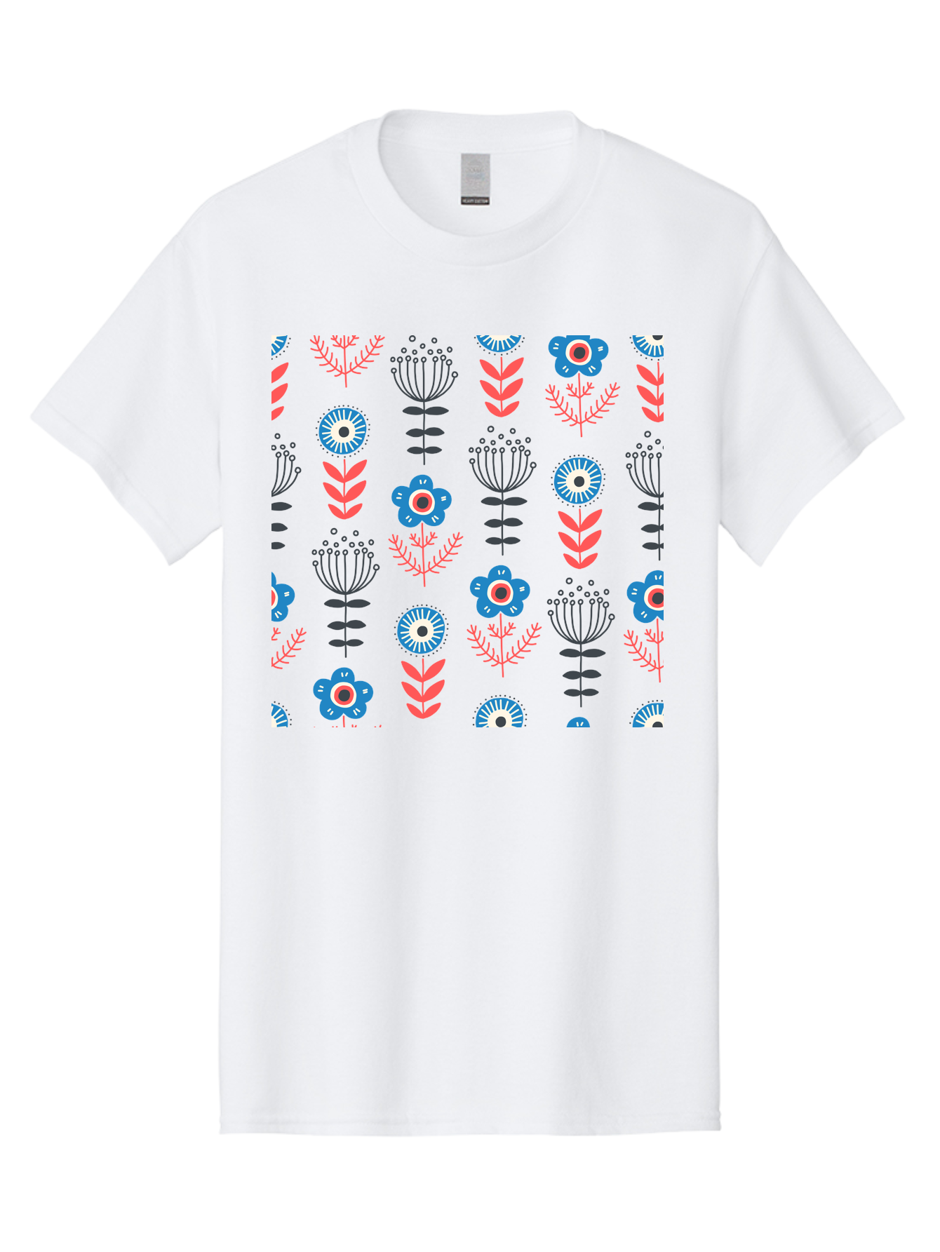 Flower-Pattern Men'S Graphic Tee, 100% Cotton, Comfortable Casual Summer Wear, Machine Washable, Blue Flowers, Pink Chevrons, Floral Design, Abstract Patterns, Decorative Elements, Vibrant Colors, Stylized Blooms Aab739